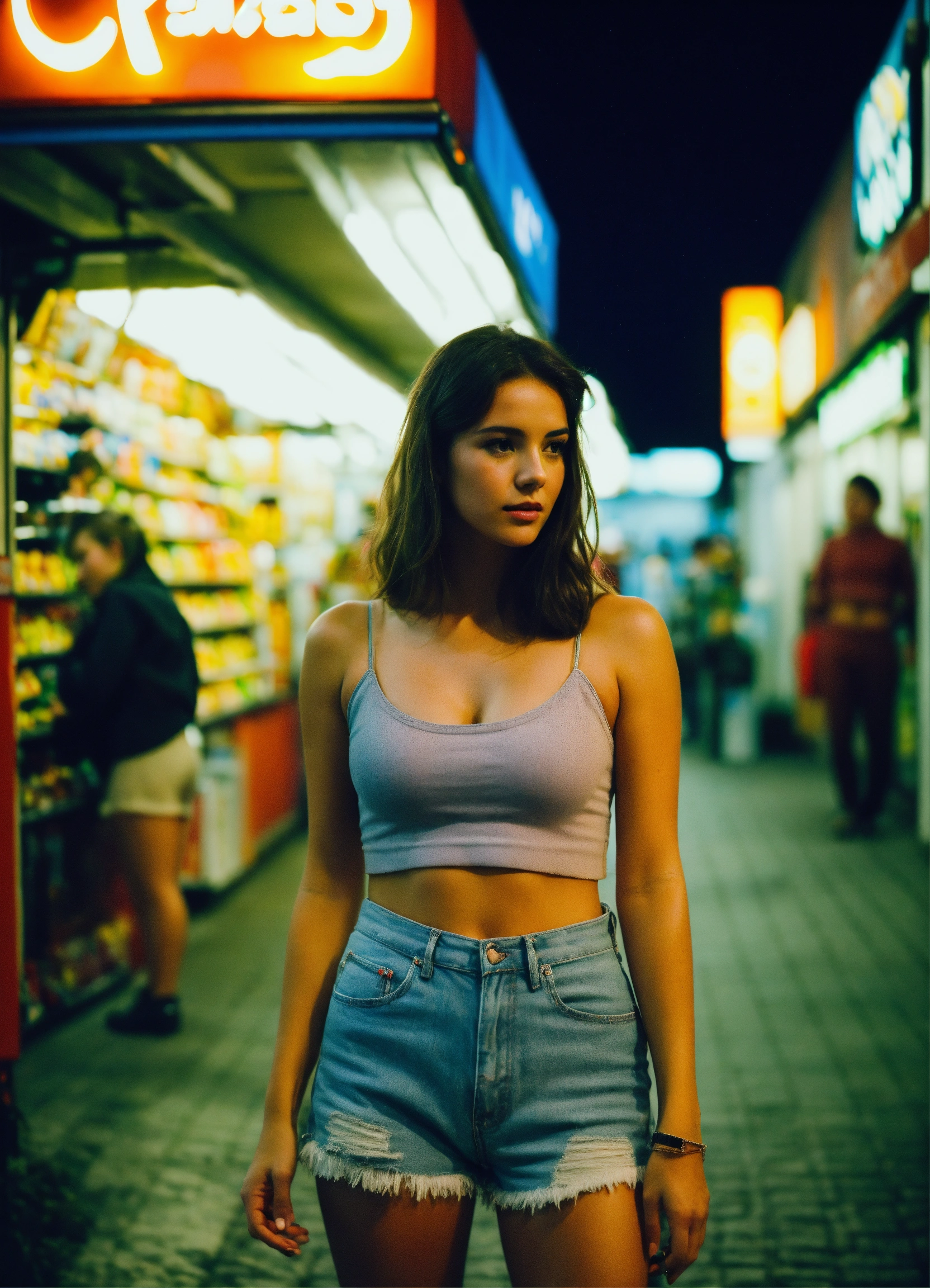 Lexica - Candid photo of a young brunette woman wearing a crop top and a  short is taken at a European convenience store during the night,  high-qualit...