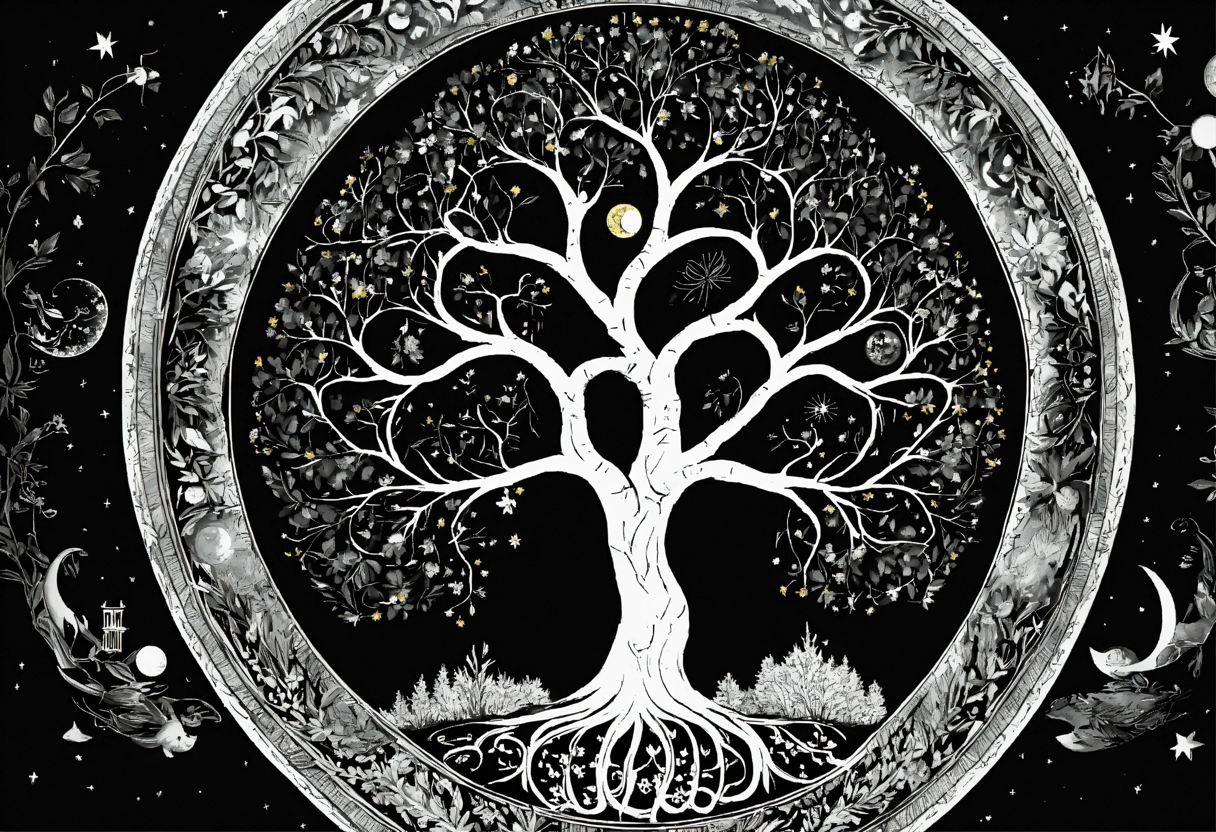 Lexica - Tree of life black and white no leaf with moon sun and stars