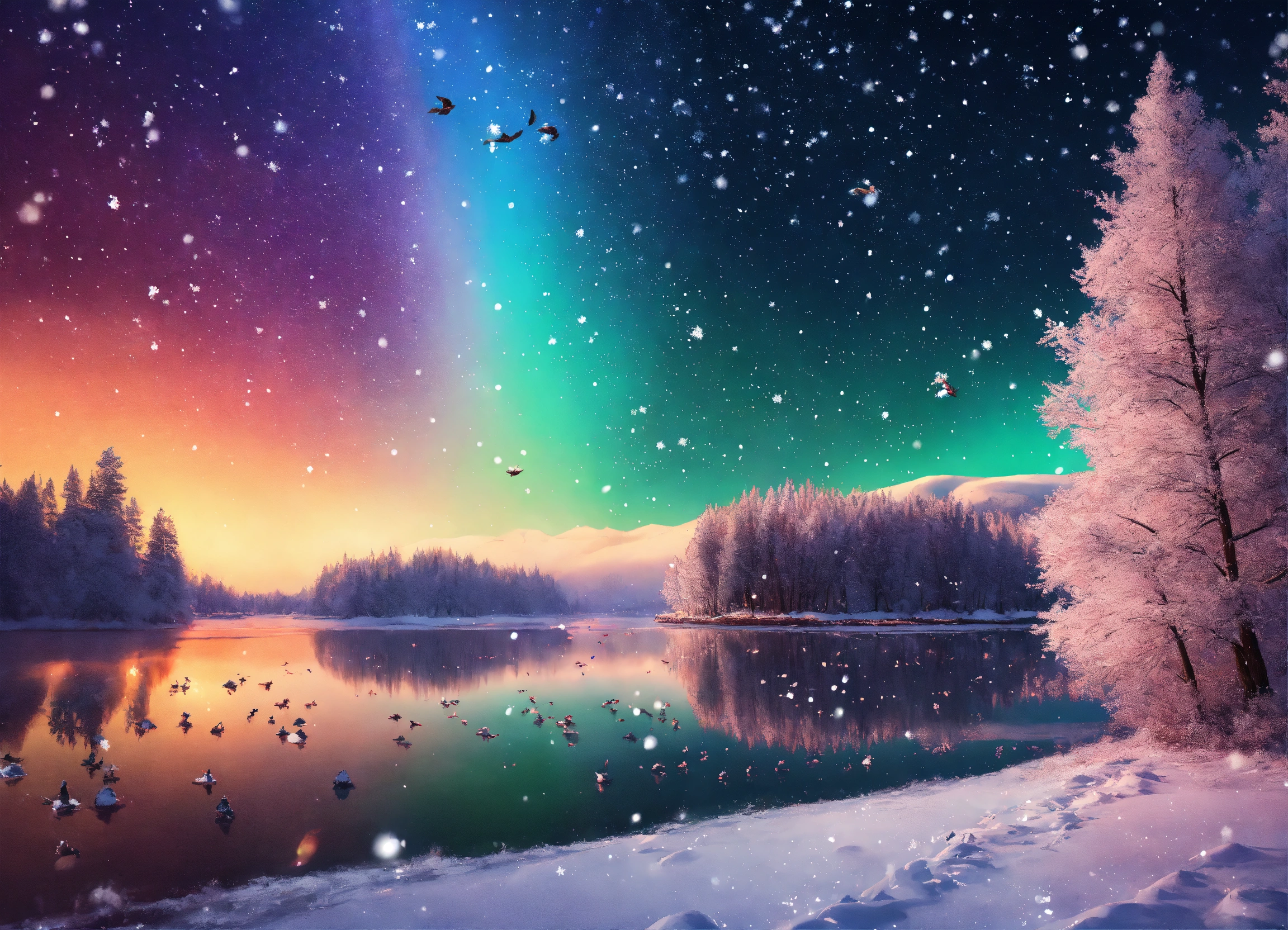 Lexica - Many snow trees with lake birds rainbow snowing galaxy stars 4k