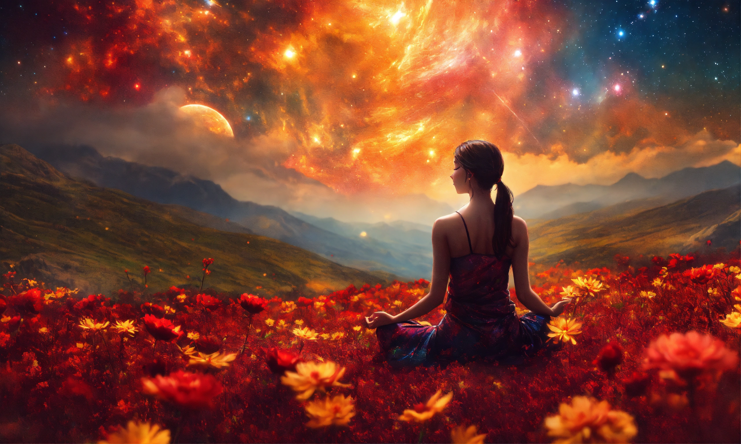 Lexica - Beautiful woman in Meditation posture, mountain, a vast field ...