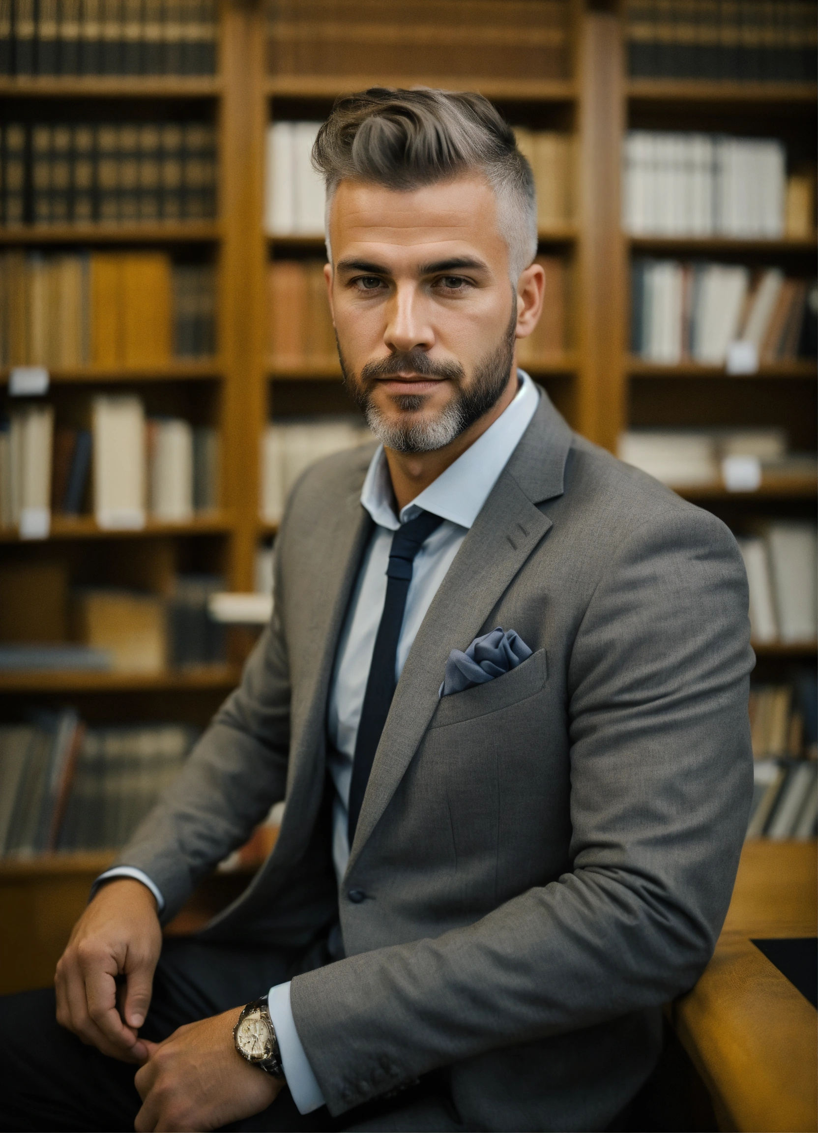 Lexica - Business man, looking at camera, dans une bibliothèque, homme ...