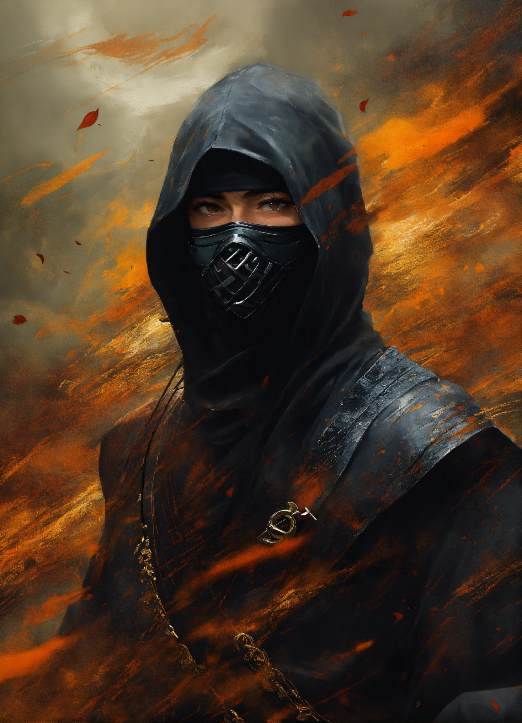 Lexica - Abstract art. Ninja with black mask. Autumn storm.
