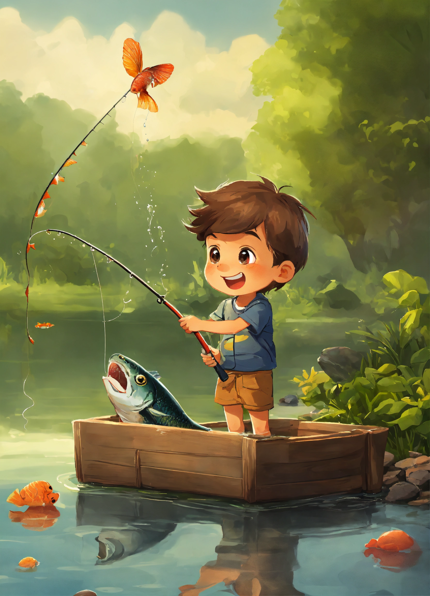 Lexica - A funny little boy who fished a big fish out of a pond