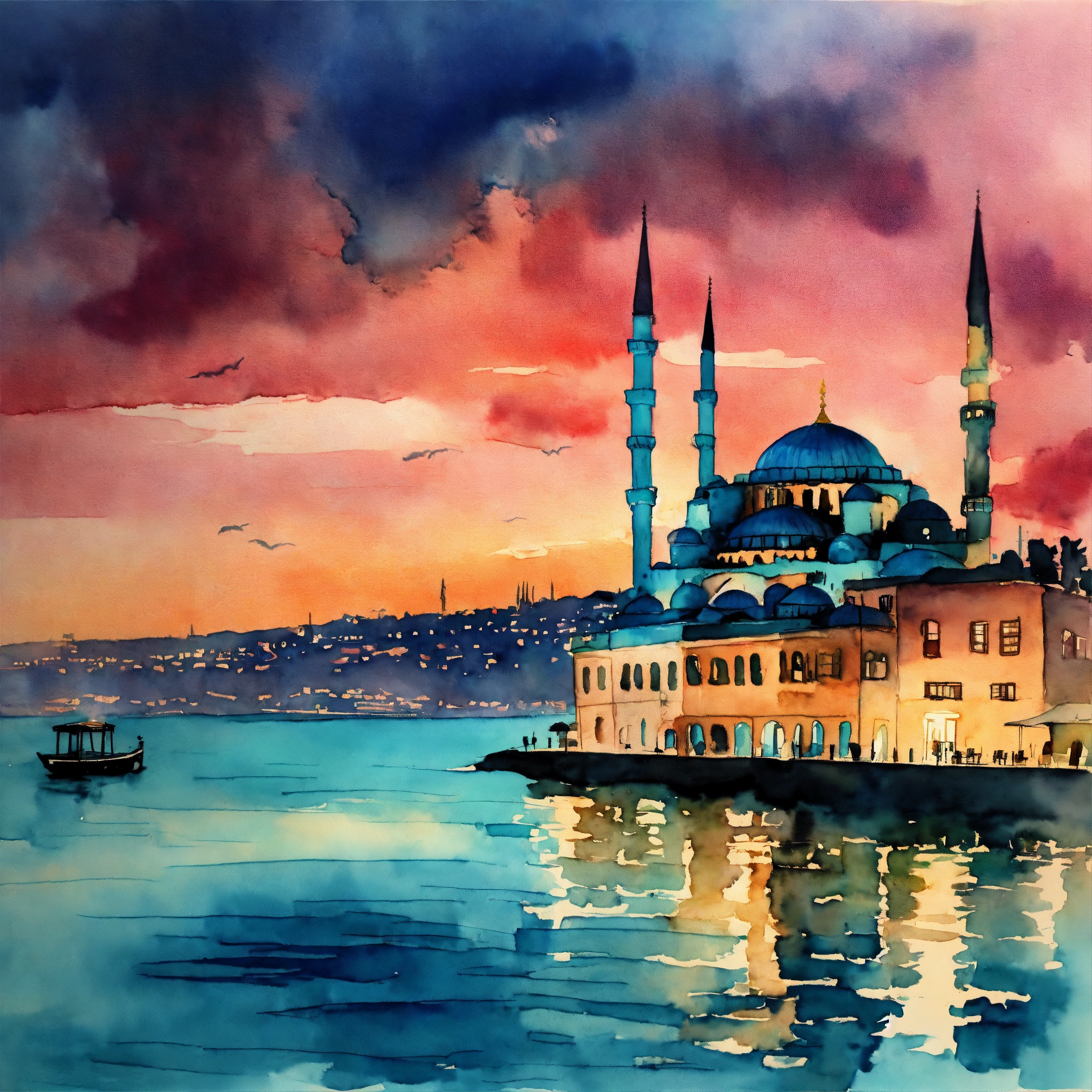 Lexica - Watercolor picture of a lit from the inside istanbul floating ...