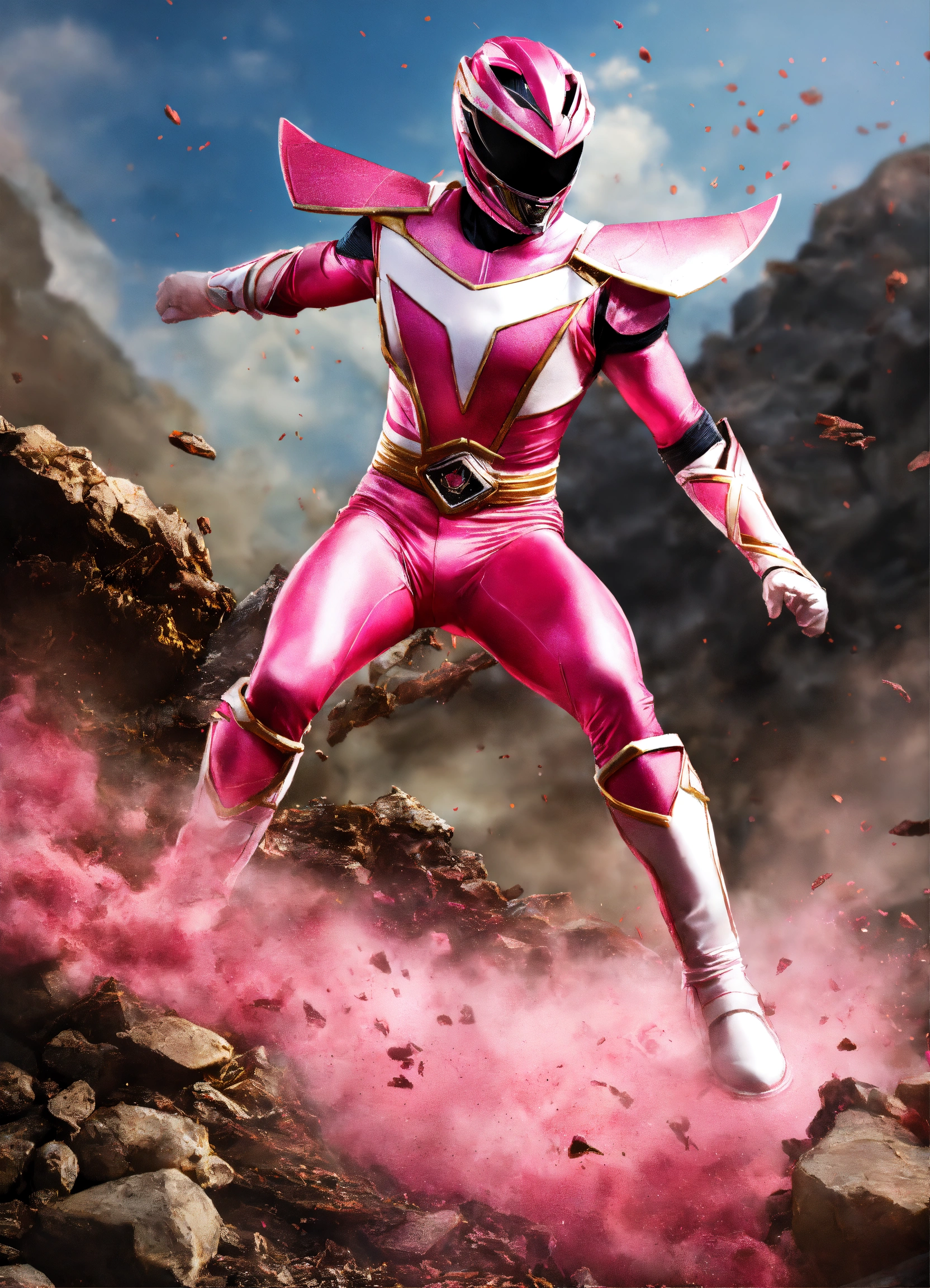 Lexica - Realistic image of the pink power ranger falling in battle ...
