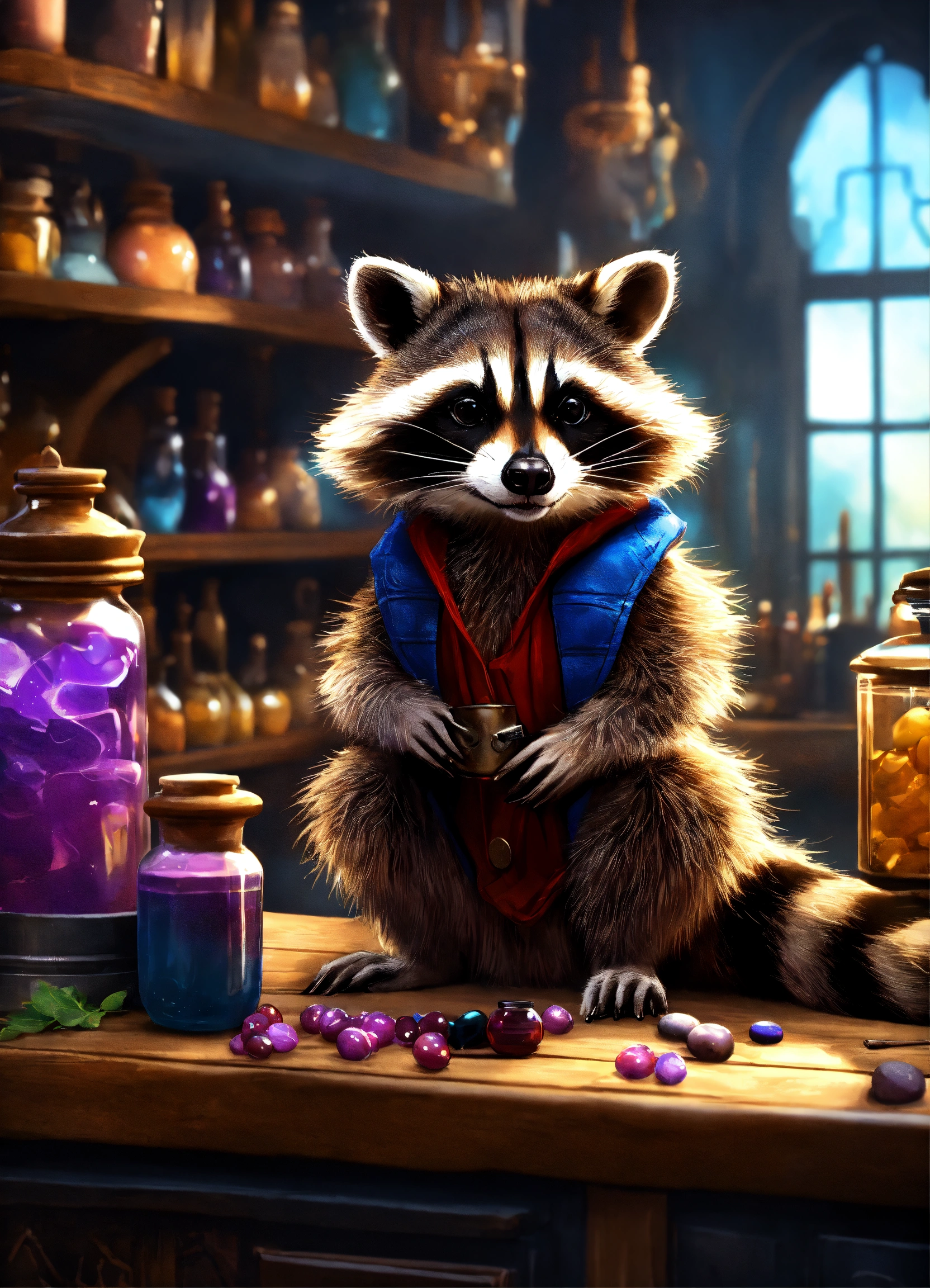 Lexica - Beautiful cute raccoon sitting on a counter in a potions and ...