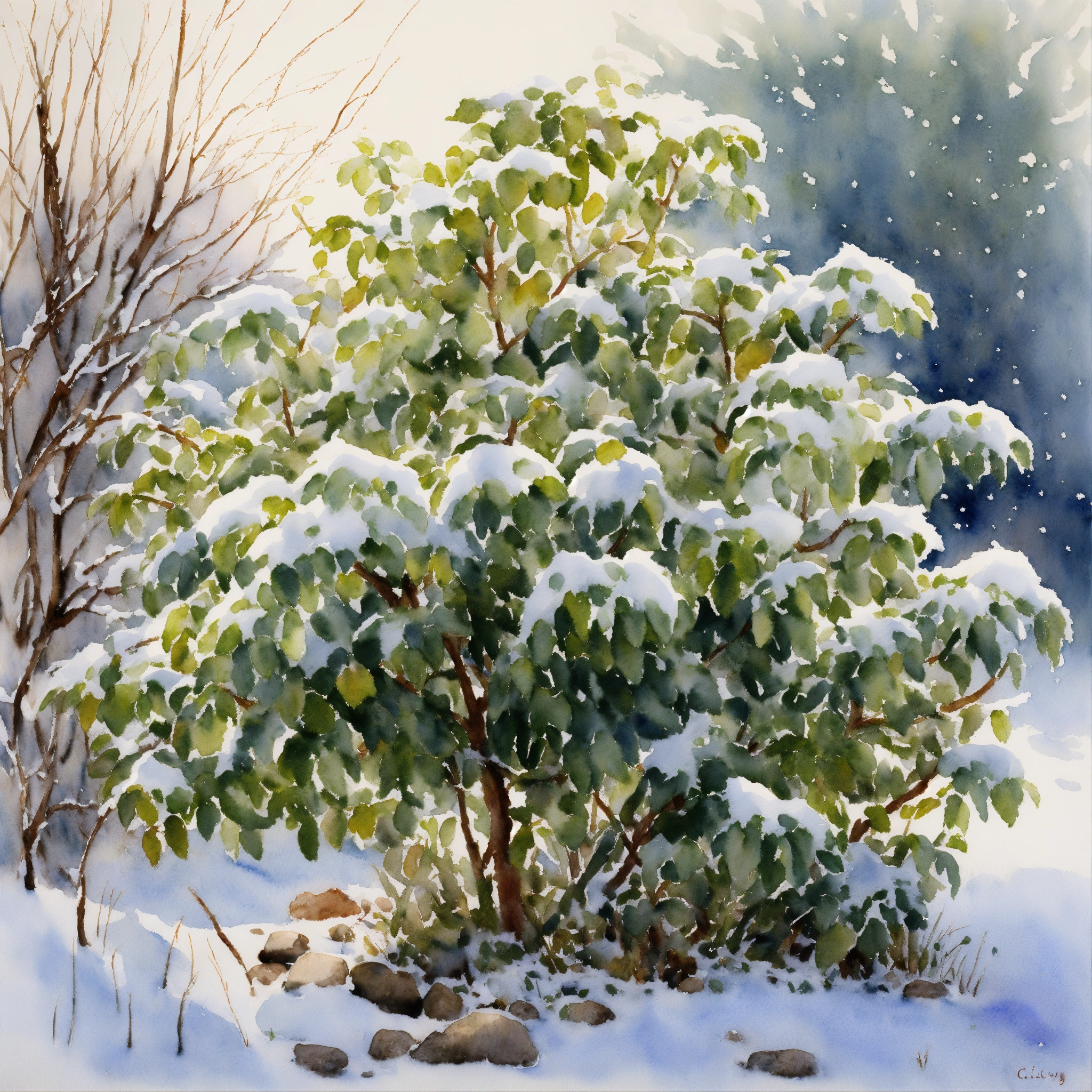 Lexica - White background, a bush covered with snow, realism, sharp ...