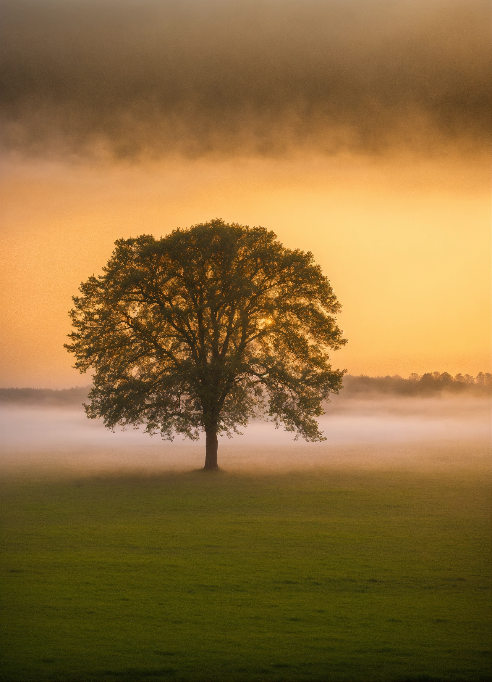 Lexica - A single tree in a meadow covered with morning fog