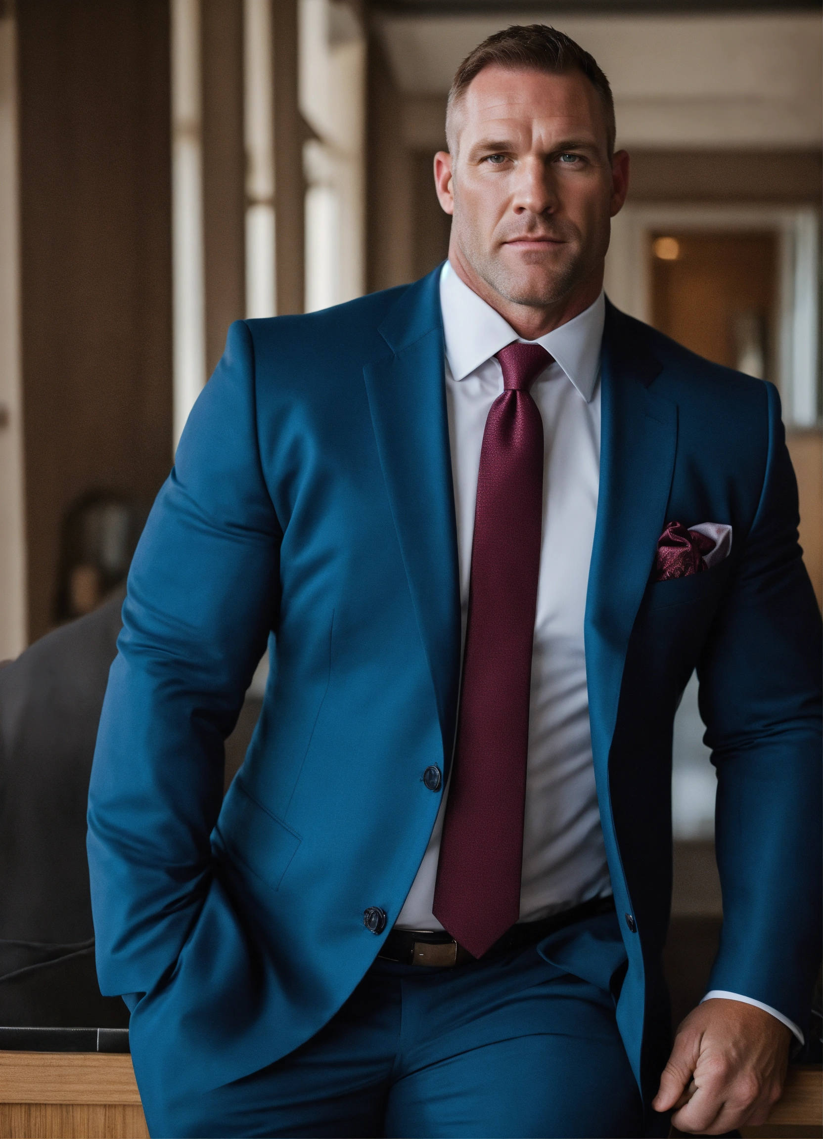 Lexica - 40-year-old bodybuilder with big muscles in a suit, white man,  clean shaven, short hair, strong facial features, big and tall