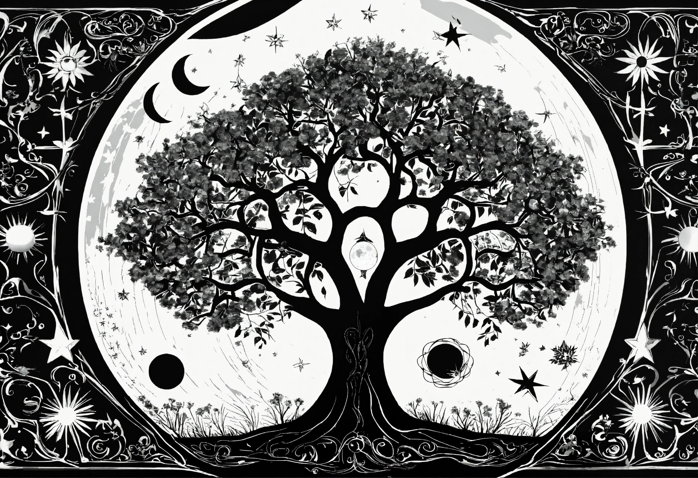 Lexica - Tree of life black and white no leaf with moon sun and stars