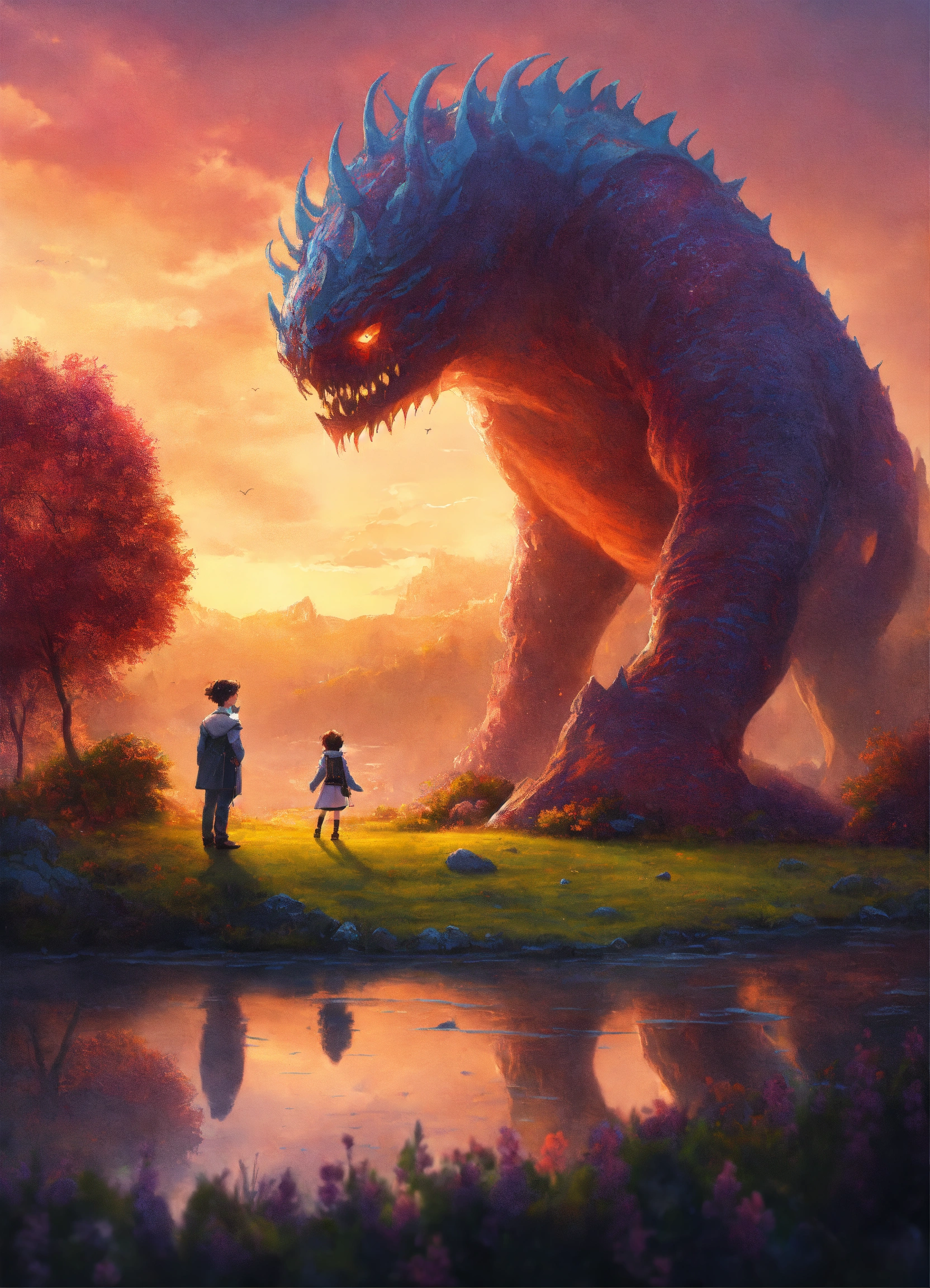 Lexica - Paysage de fantasy avec une créature monstrueuse qui rencontre ...