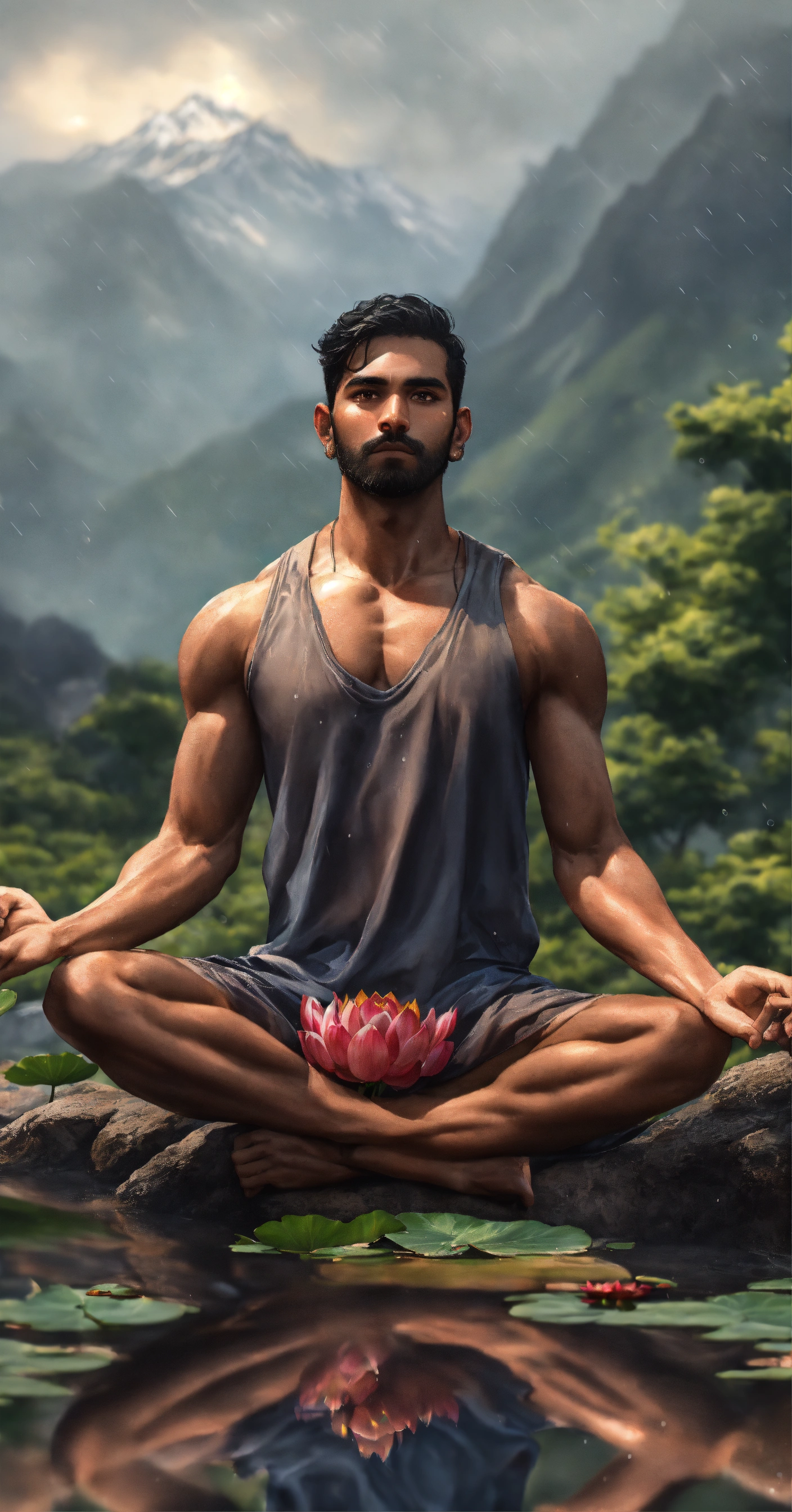 Lexica - Indian men, athletic, levitating, lotus position, eyes open ...