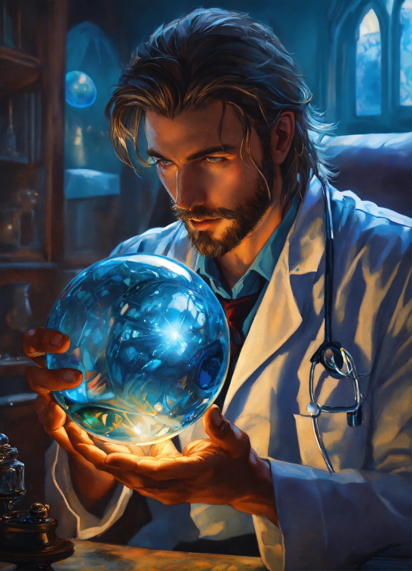 Lexica - A hyper-realistic photograph of a doctor holds a blue crystal ...