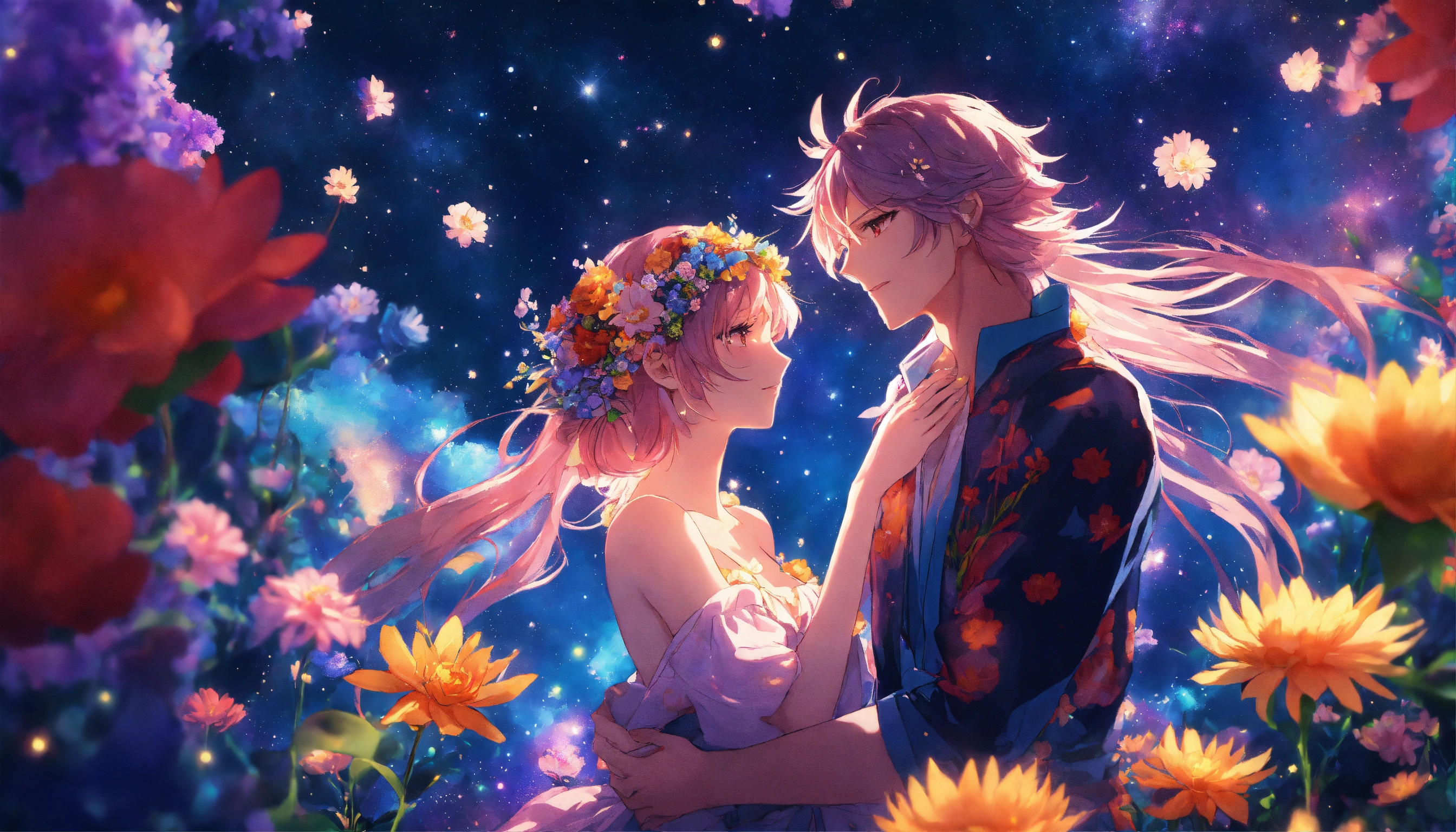 Lexica - Anime of a beautiful Fairy couple, with long flower hair, vibrant  colors,flowers in space garden, stars, cosmic, flowers, cinematic  lighting...