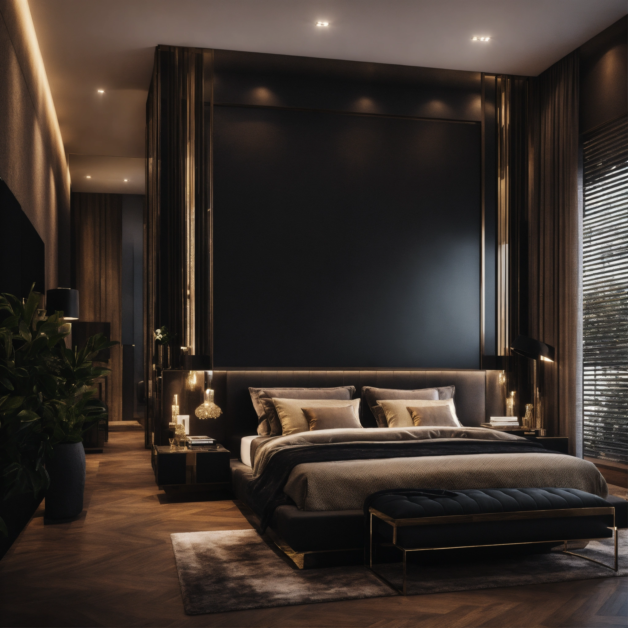 Lexica - A high-end luxury bedroom with black décor, photo realistic