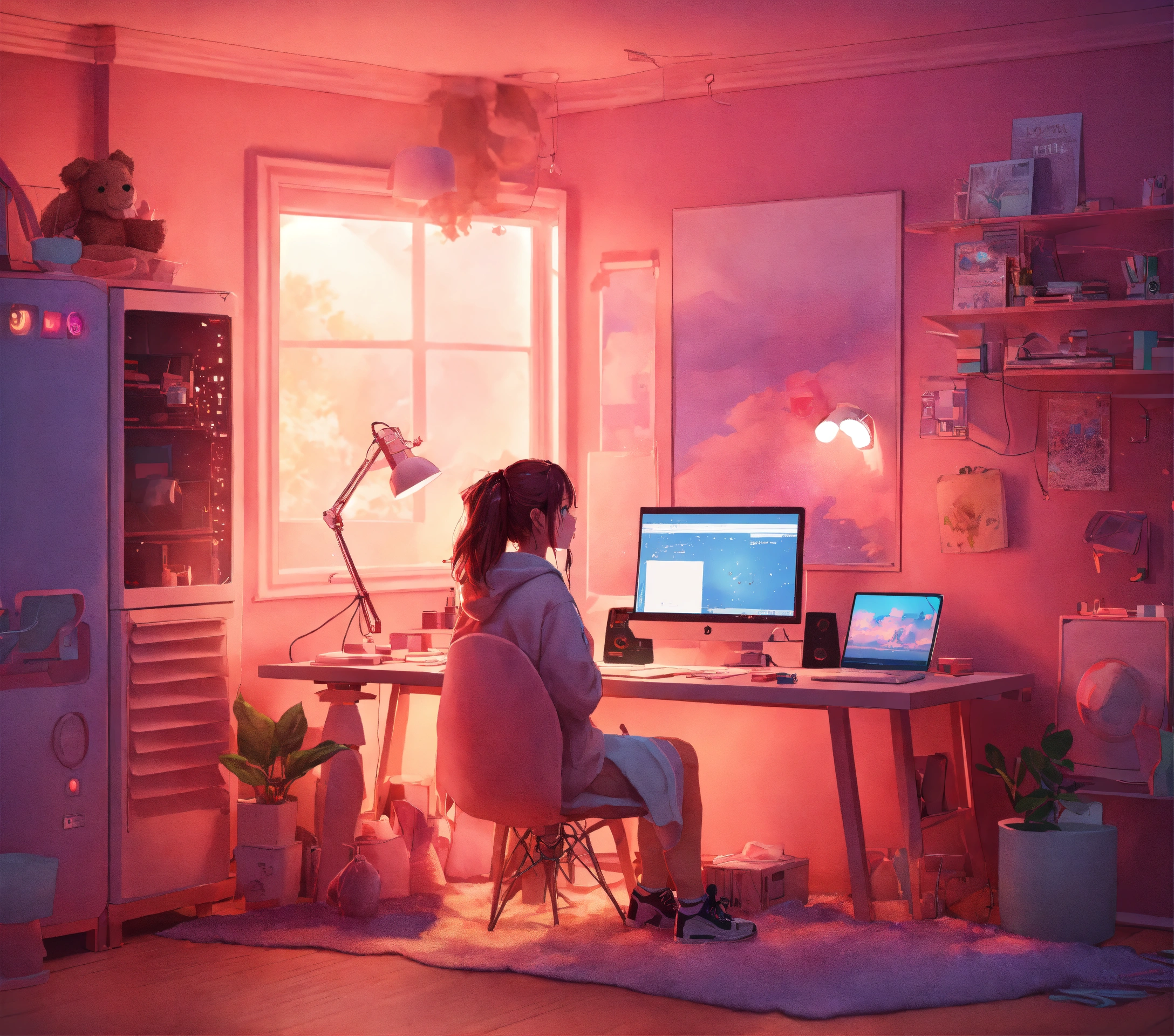 Lexica - Cute lofi girl in front of his computer in her cozy and messy ...