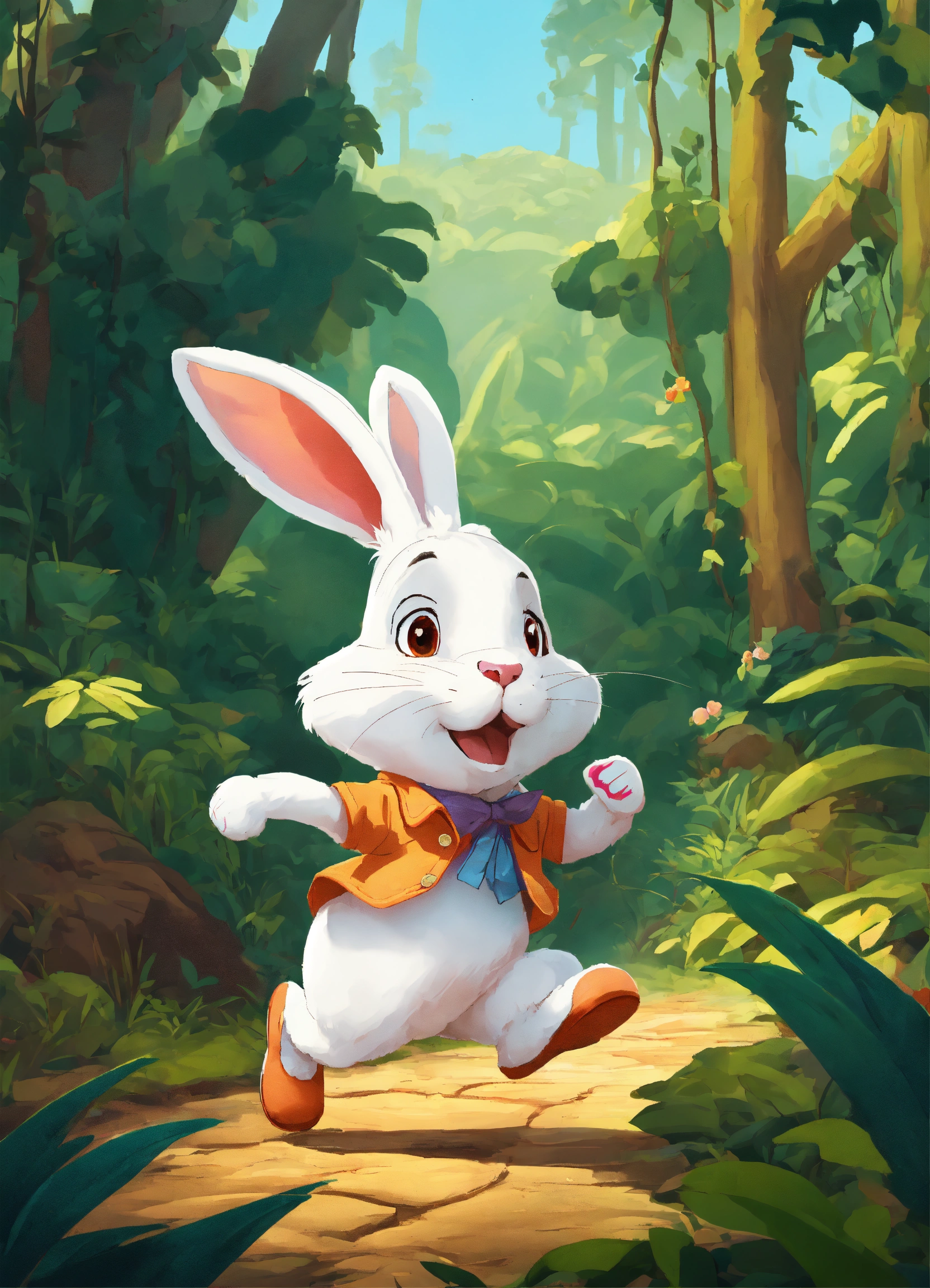 Lexica - Let cartoon big white rabbit running on two legs in jungle