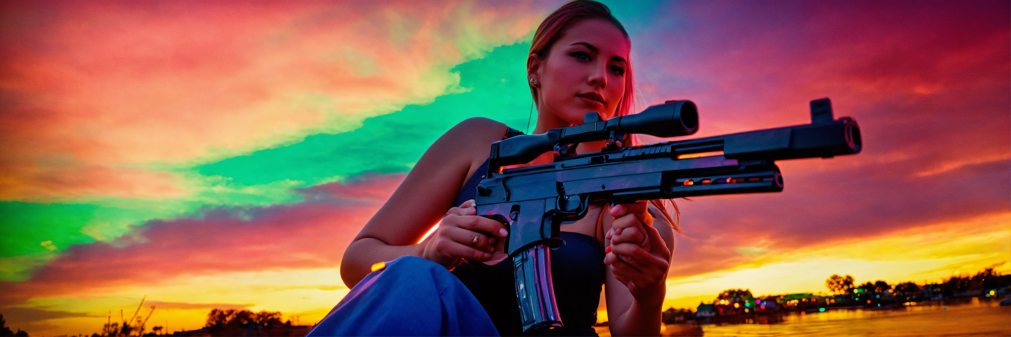 Lexica - Woman holding a pistol in front of a colourful sky