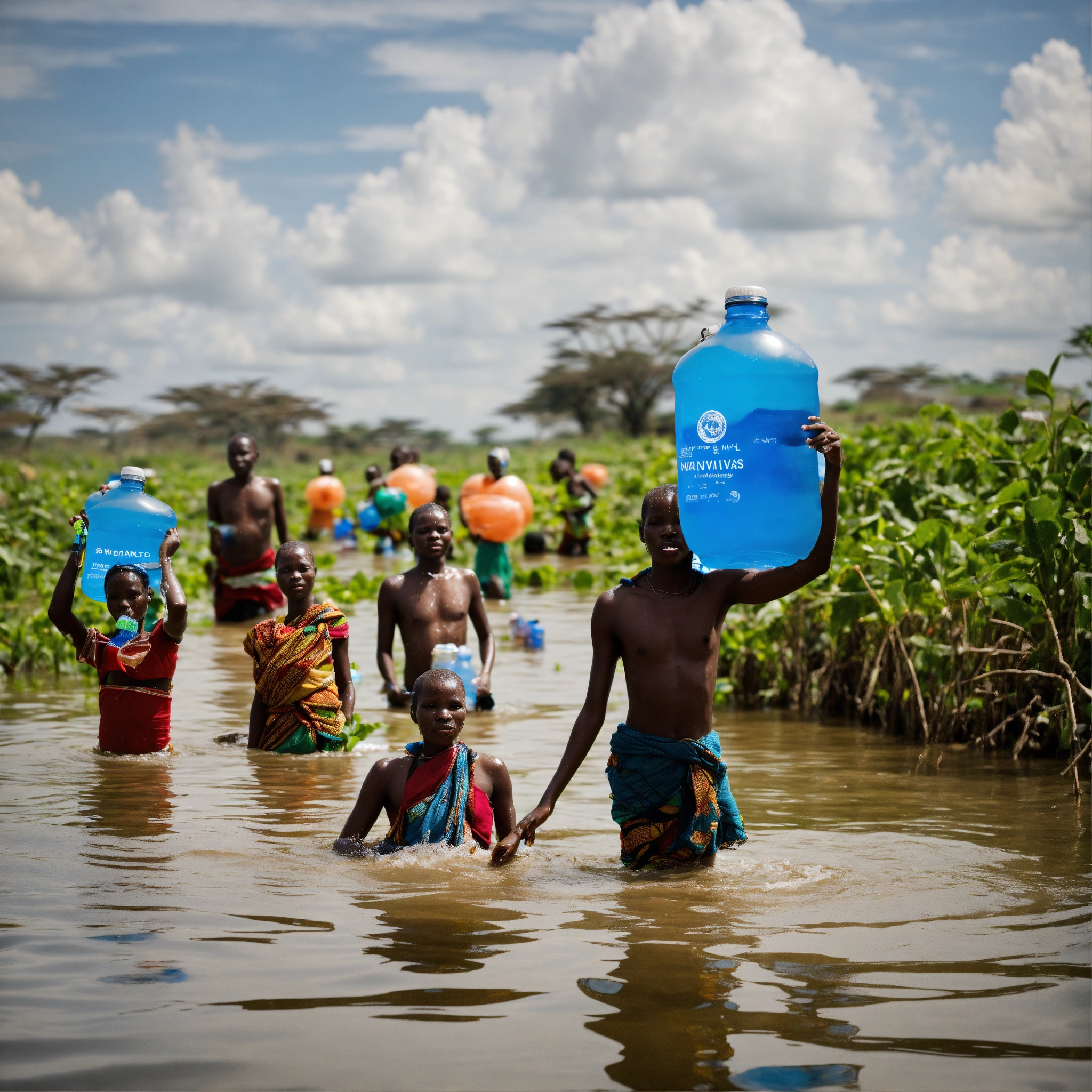 Lexica - African Villagers floating in water using 5l water bottles for ...
