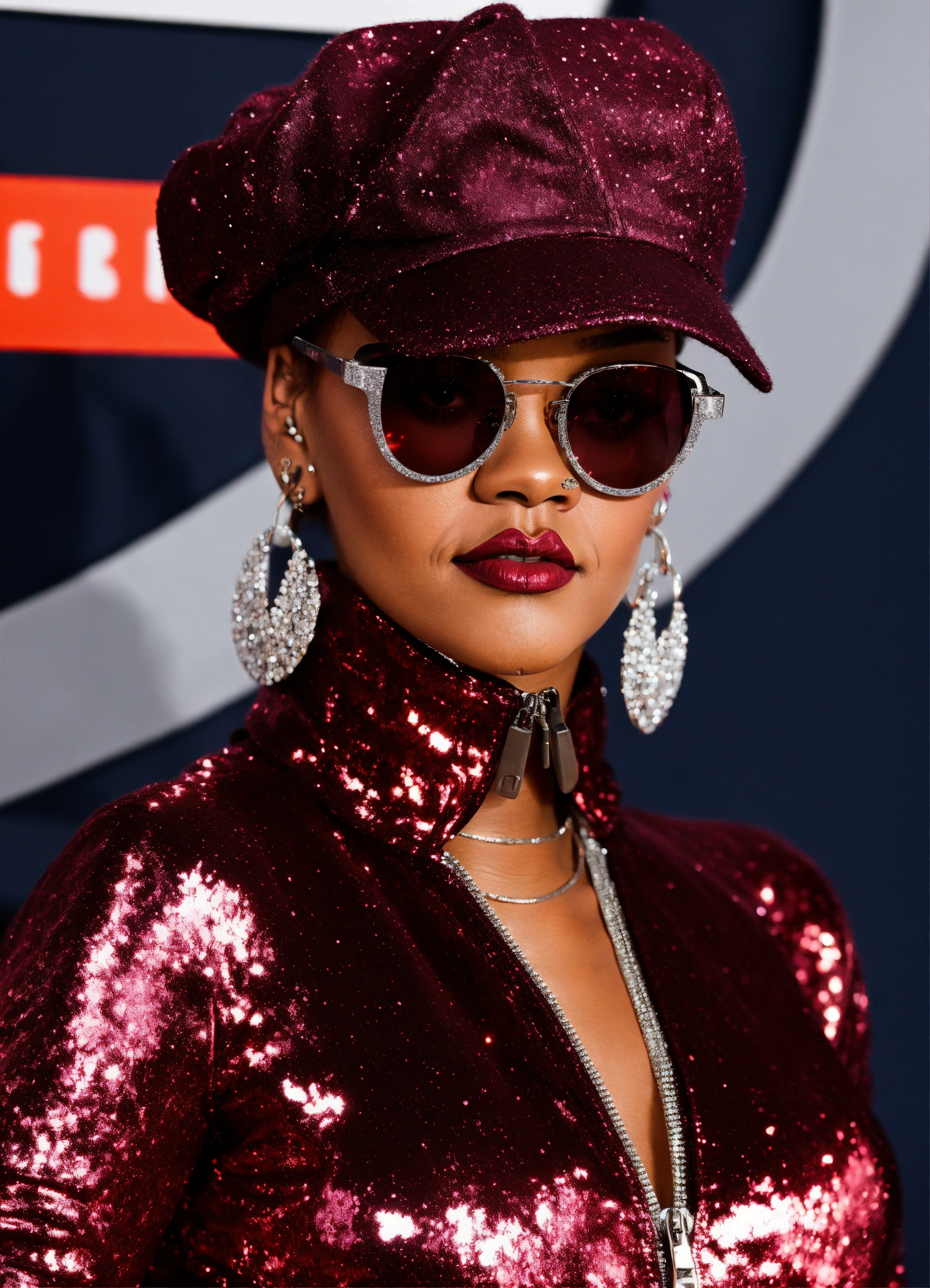 Lexica - Rihanna glittery patterned maroon and silver zip-up bodysuit ...