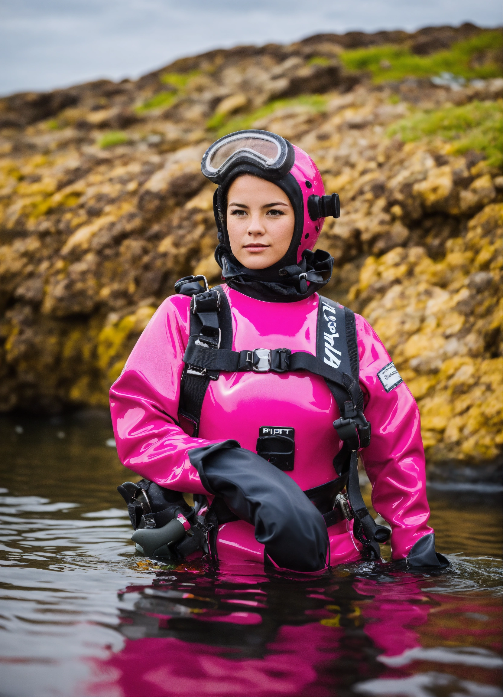 Lexica - Female diver in pink glossy viking drysuit
