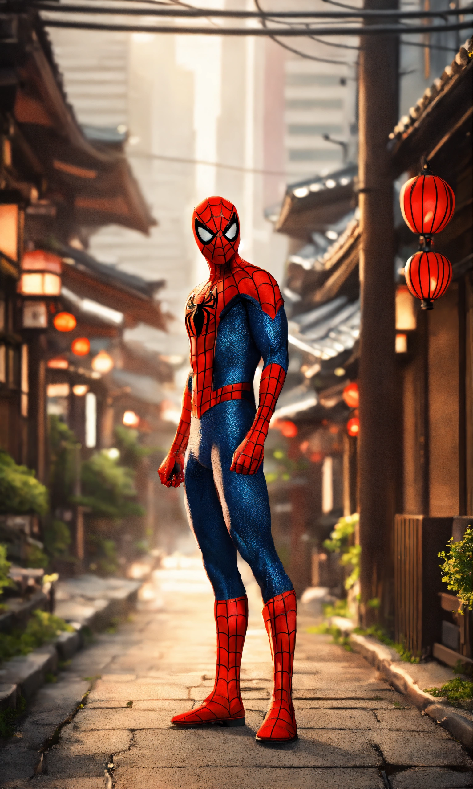 Lexica - Spiderman in Japan on a beautiful street, 2D render, standing ...