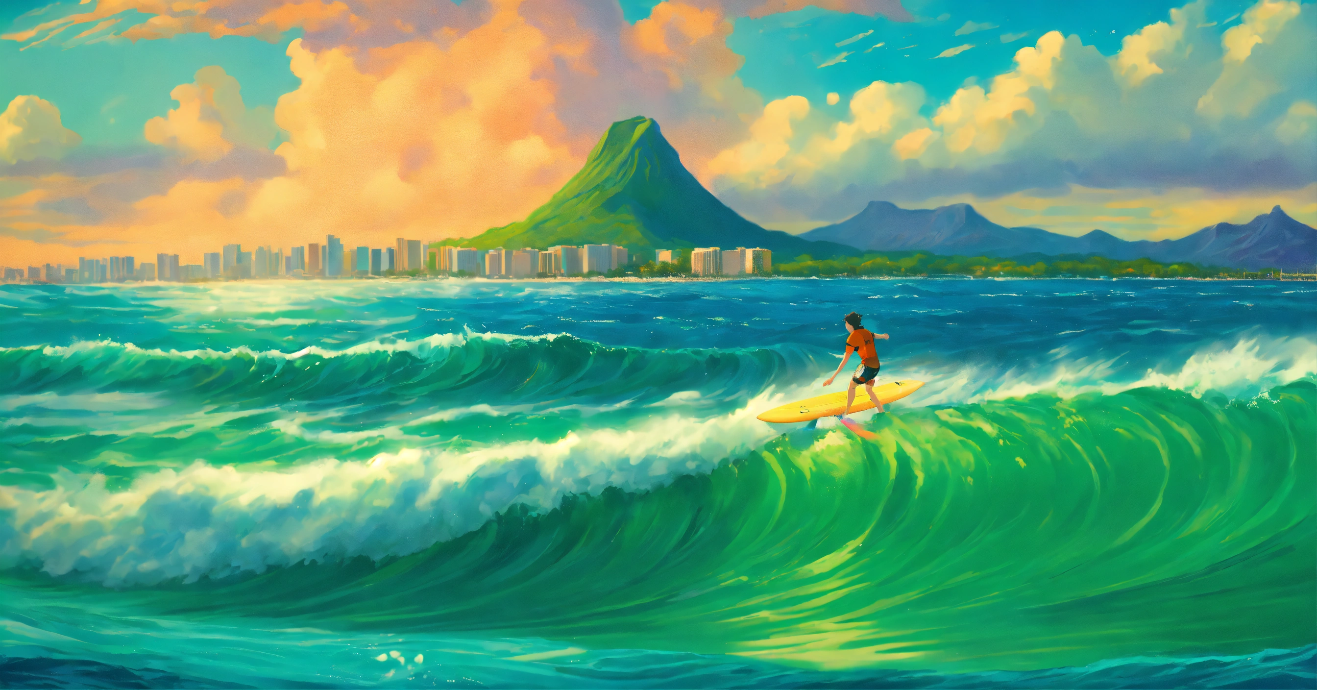 Lexica - Surfer riding a 6ft wave tube at Waikiki with Diamond head in ...