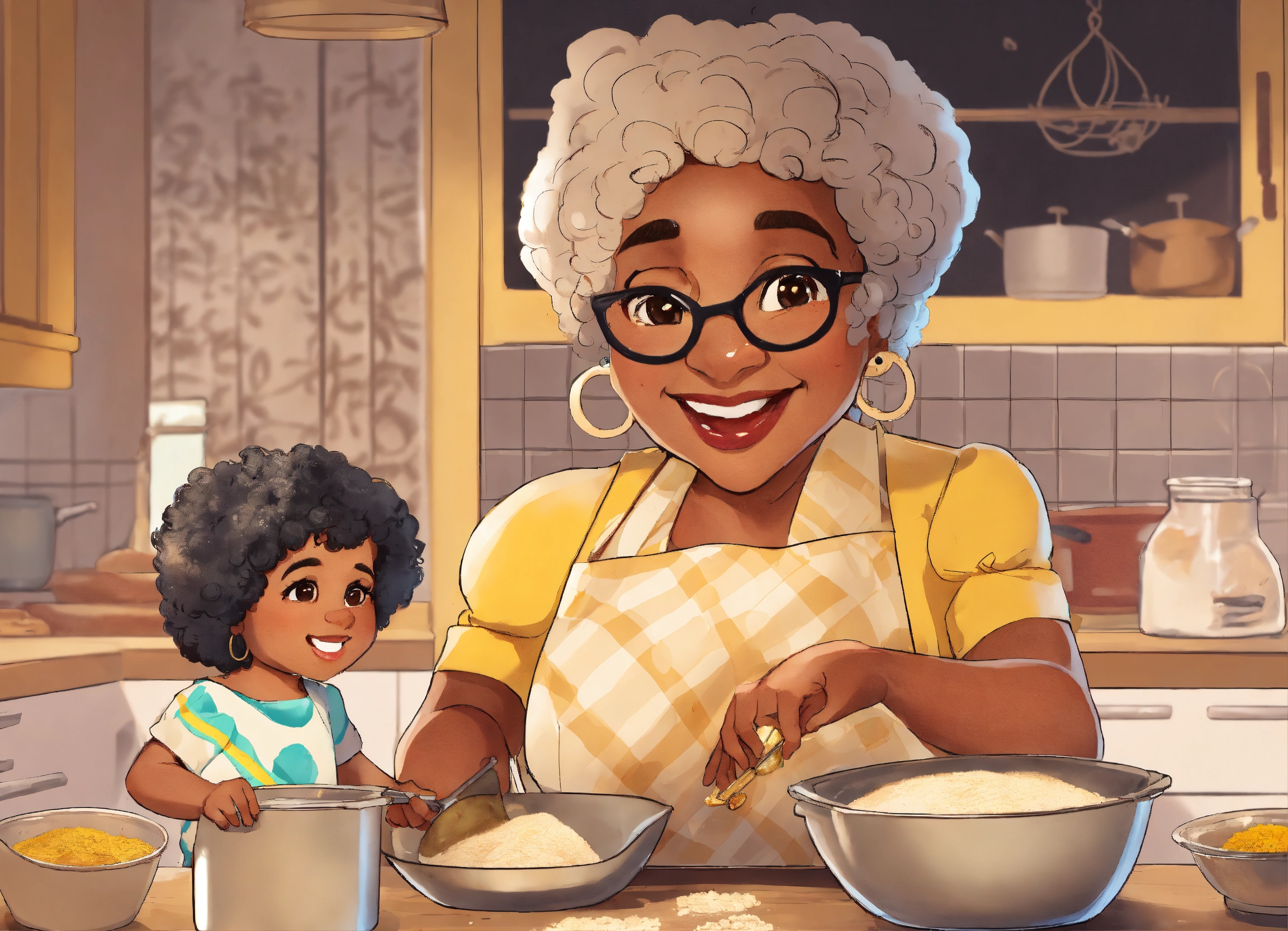 Lexica - Cartoon Carribean black Grandma in her kitchen making the dough  for carribean fried dumplings with her three year old brown eyed, curly  Af...