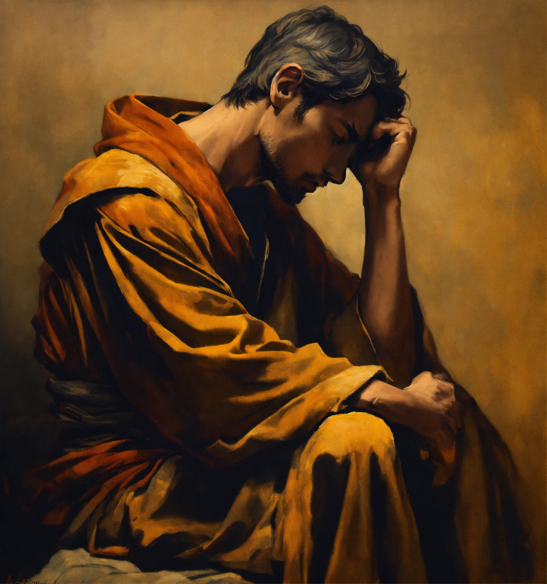 Lexica - Side profile, a man clothes in dirty robes, sitting and ...
