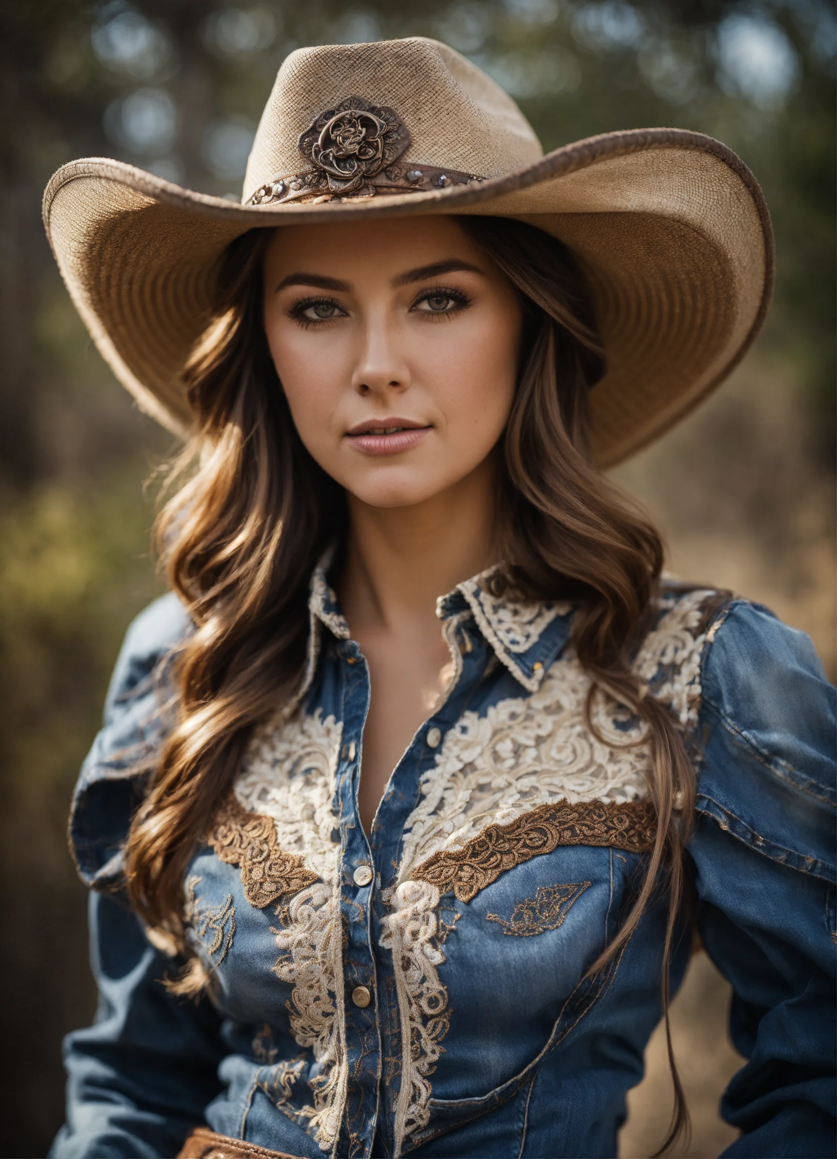 Lexica - A Southern belle wearing a denim wild west outfit and cowboy ...