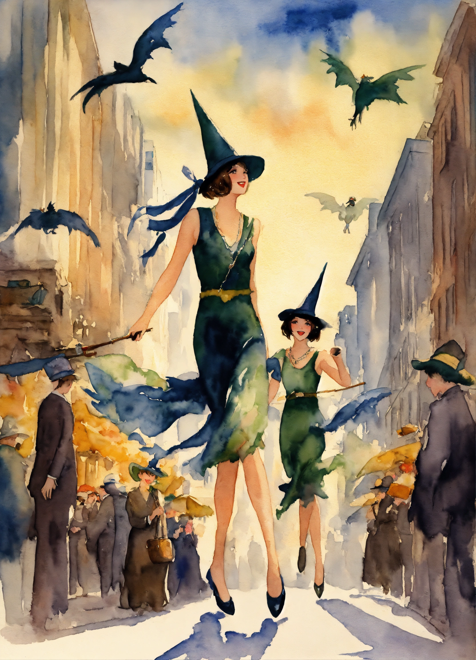 Lexica - Watercolor of Fantastic art 1920'S flapper Witches coming ...