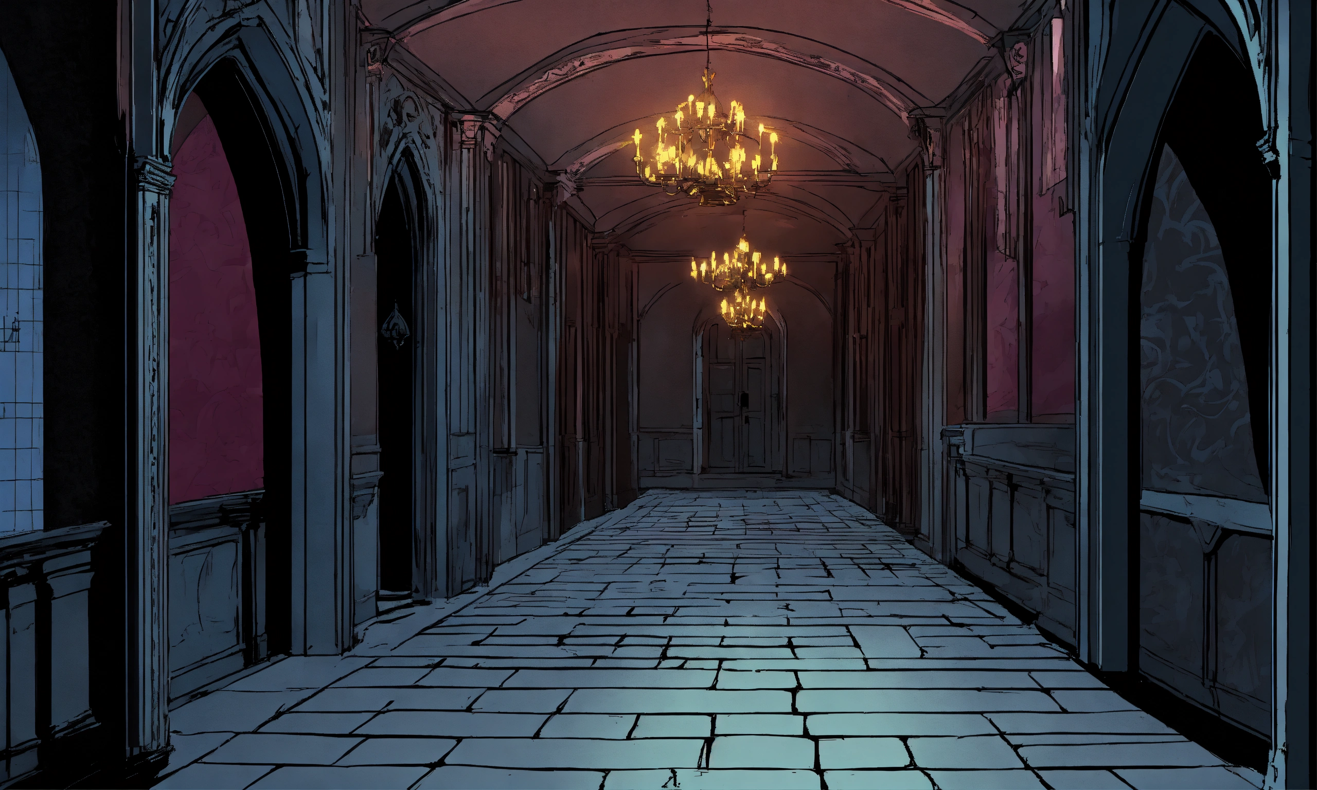 Lexica - Goth vampire big Castle hallway at night . comic