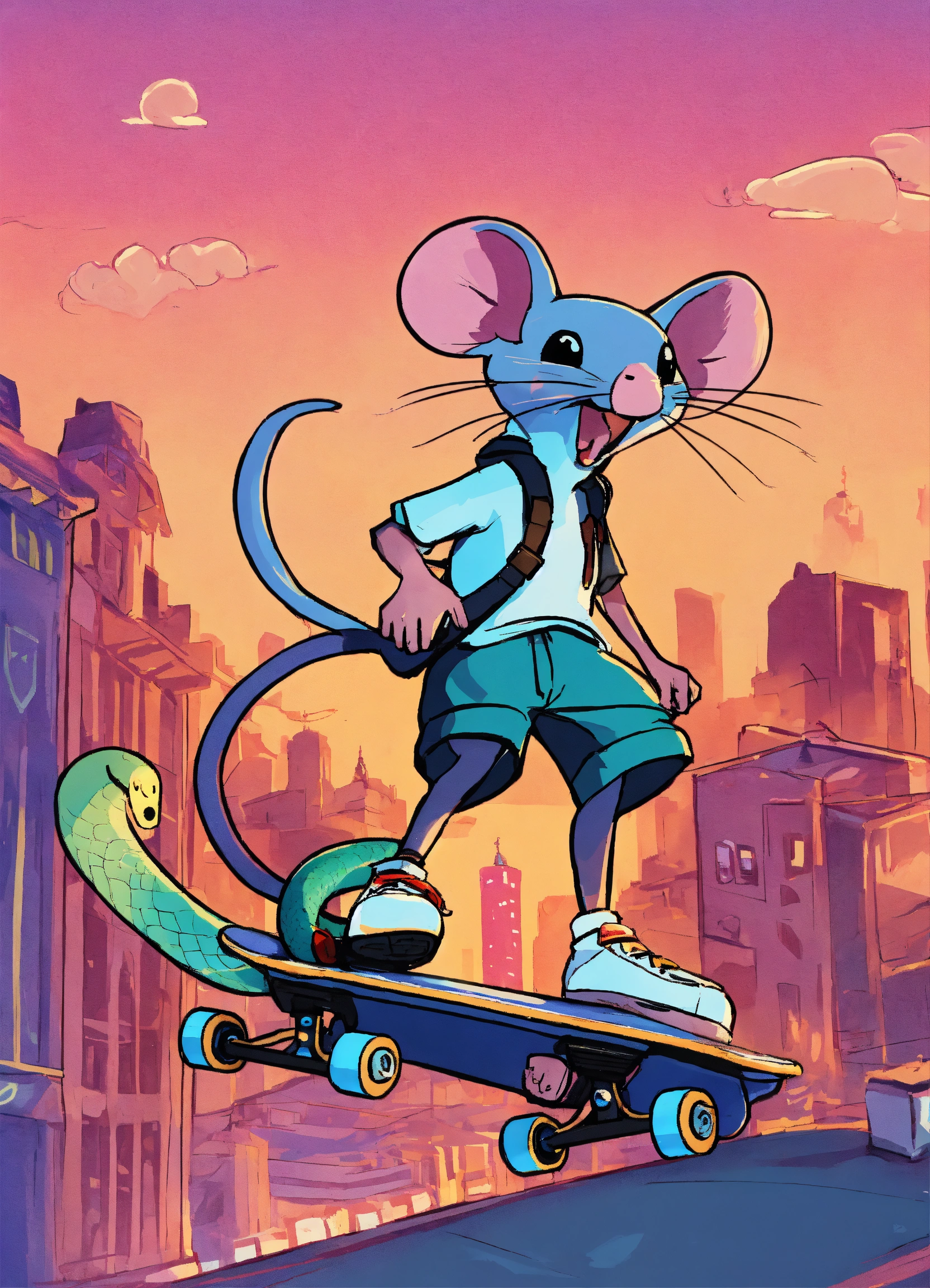 Lexica - A mouse with a snake in his nose riding a a skateboard playing ...