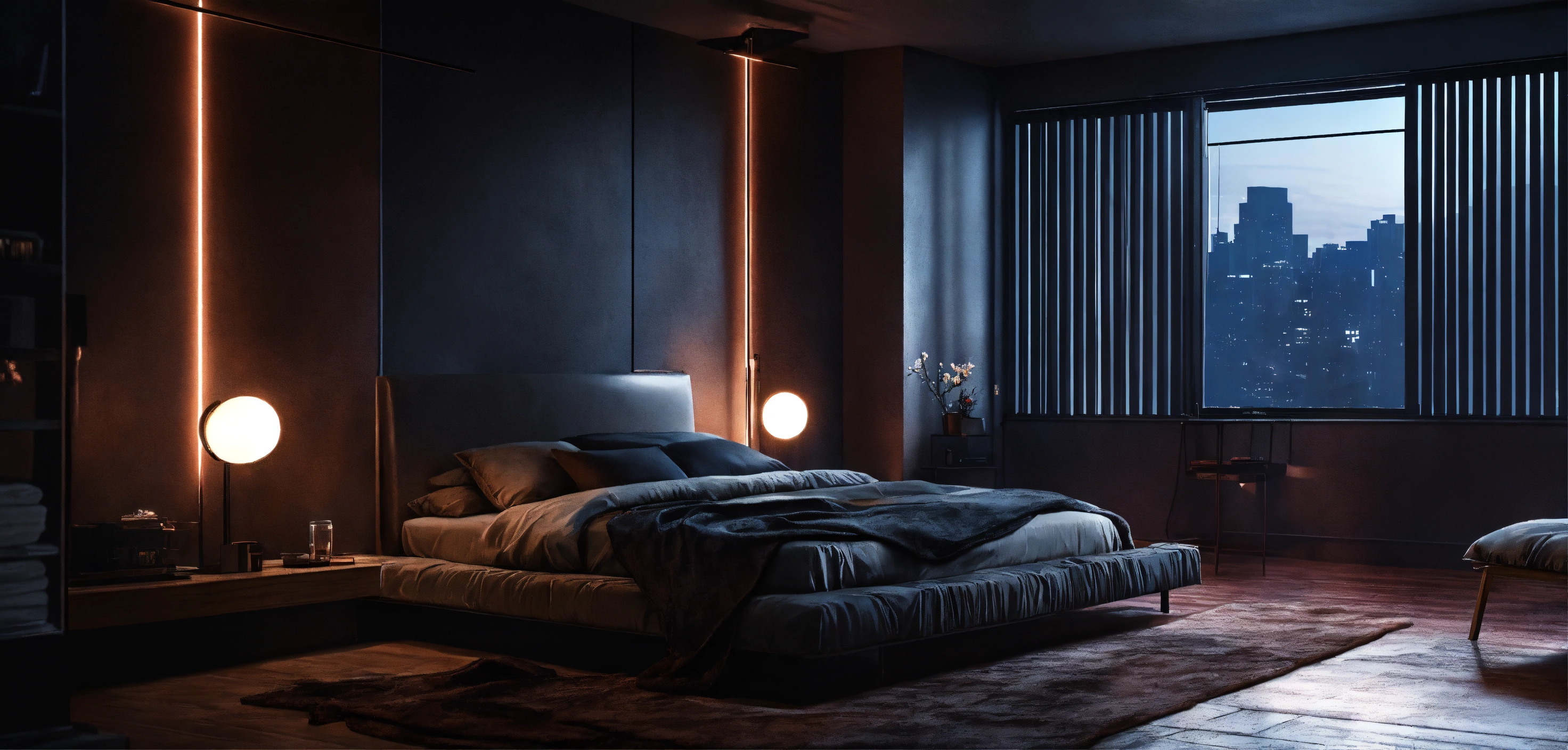 Lexica - Cinematic look, urban simple design bedroom by night, wide ...