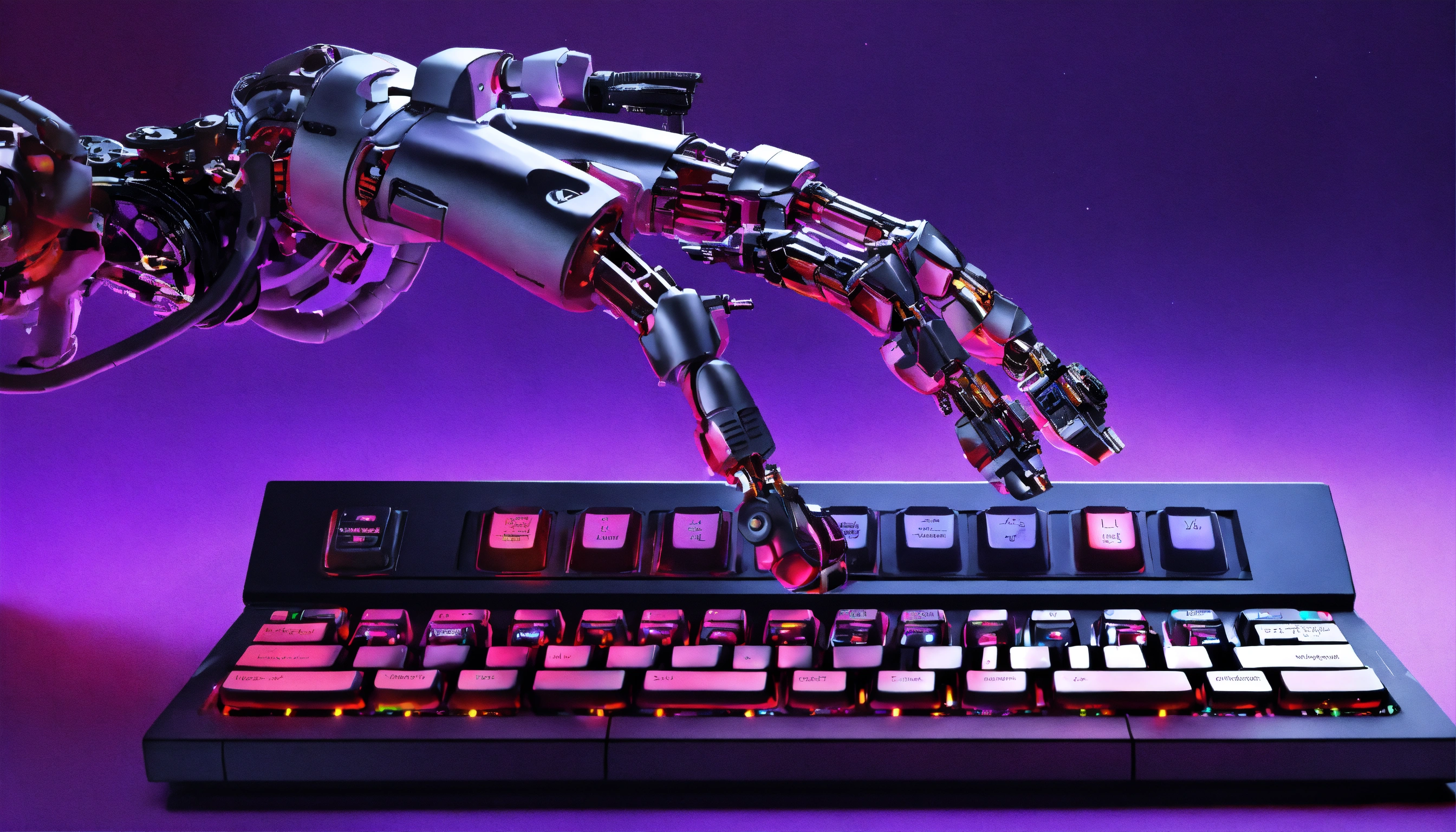 Lexica - Robot hand computer keyboard on a violet background