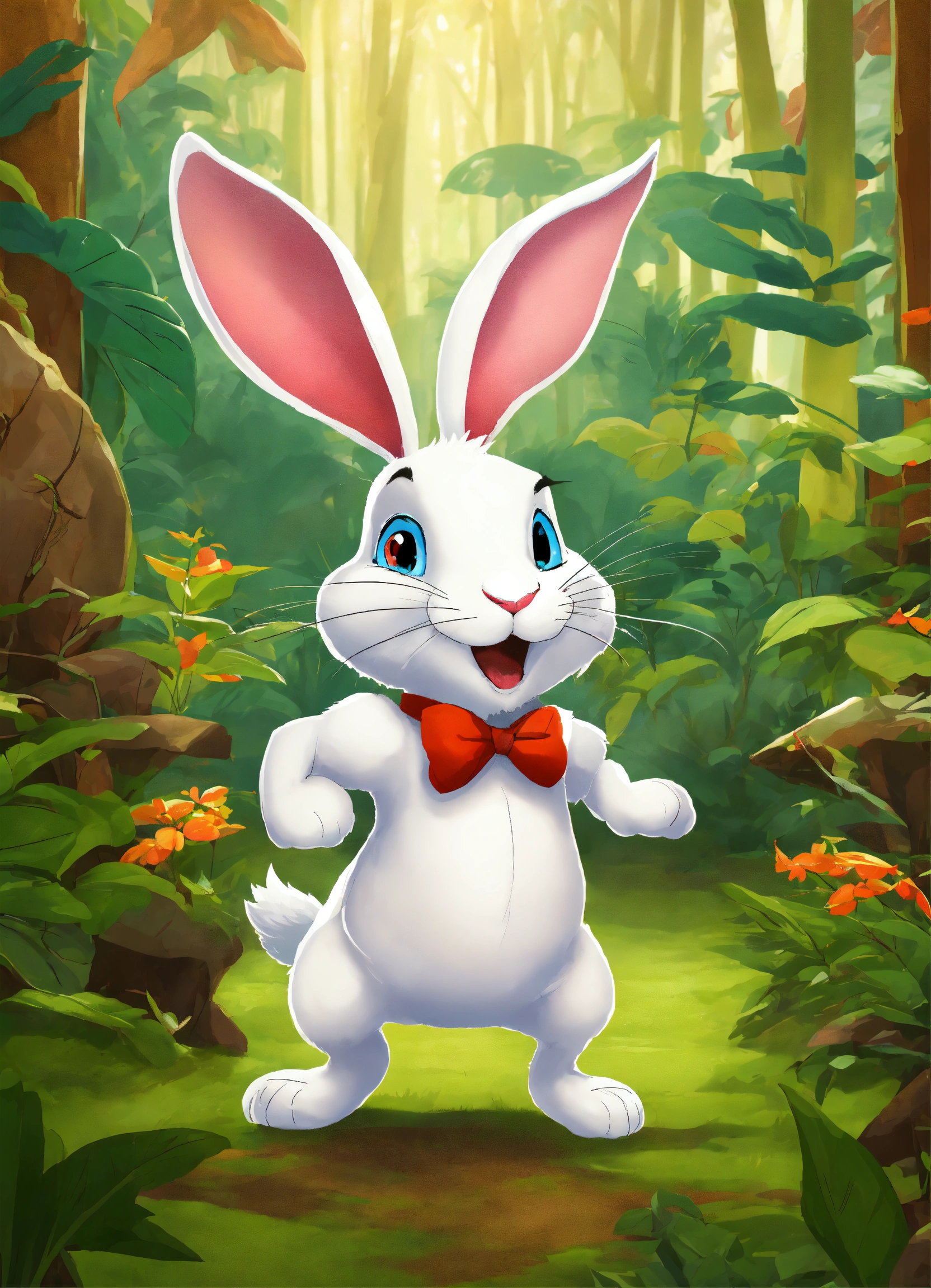 Lexica - Let cartoon big white rabbit run on two legs in jungle