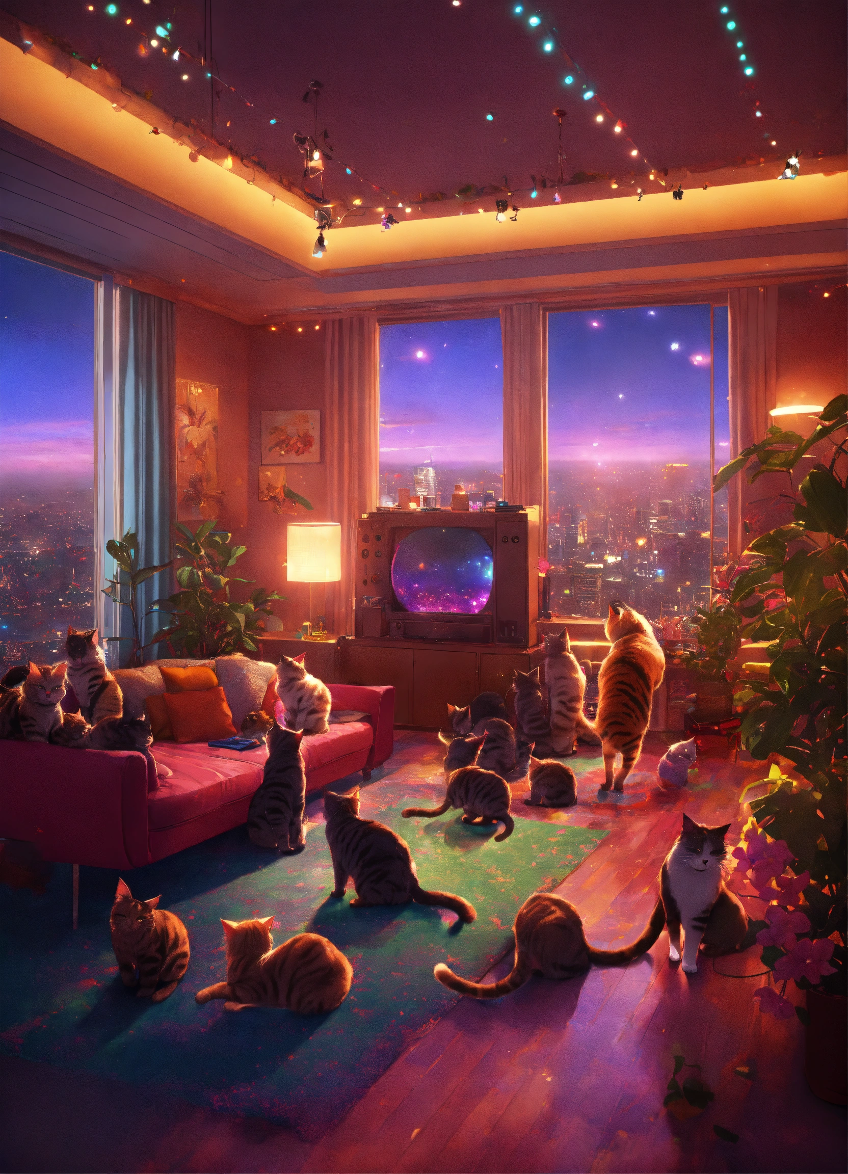 Lexica Hundreda of cats having a dance party in a highrise apartment