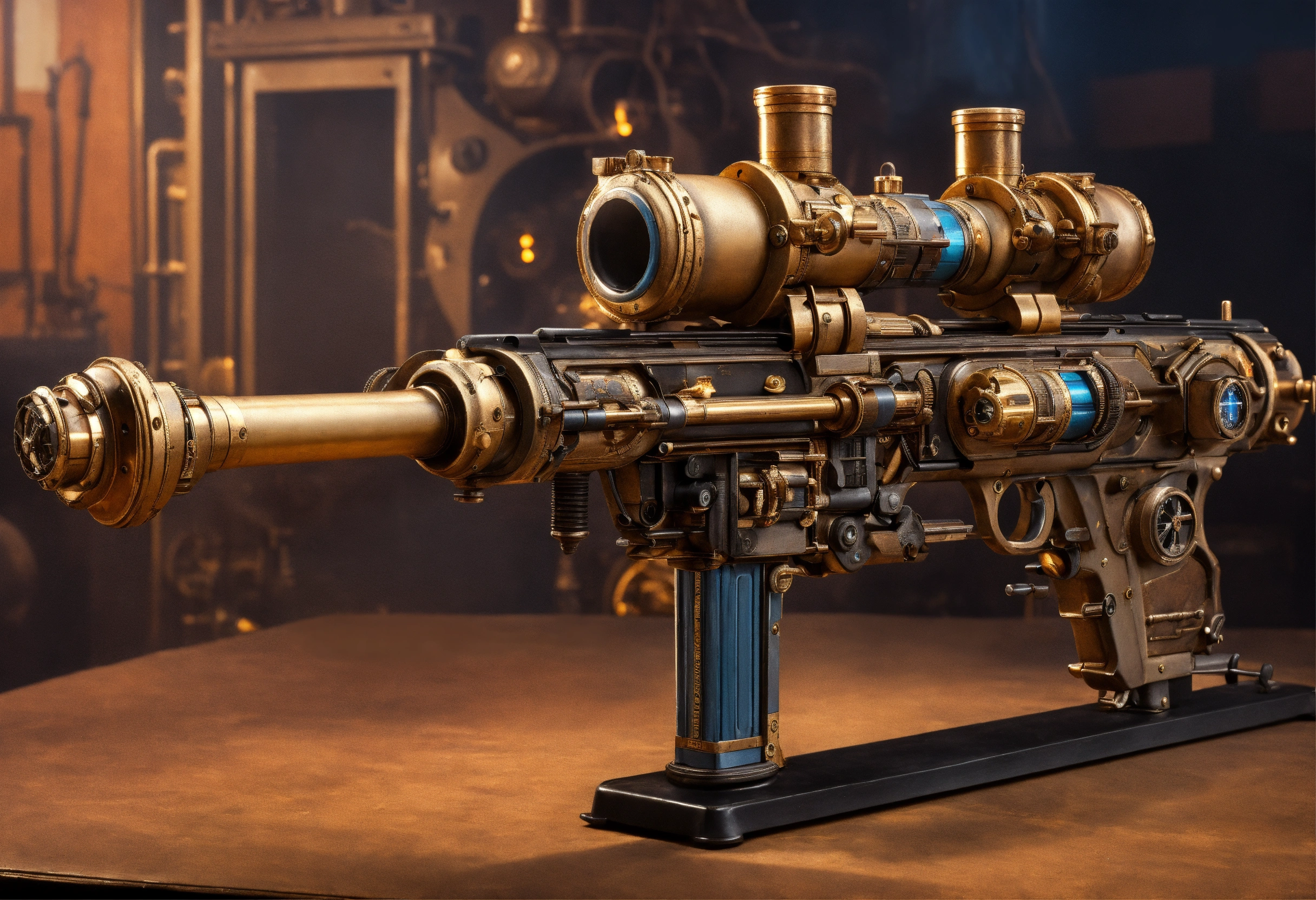 Lexica - Side view of the full image of a steampunk energy rifle