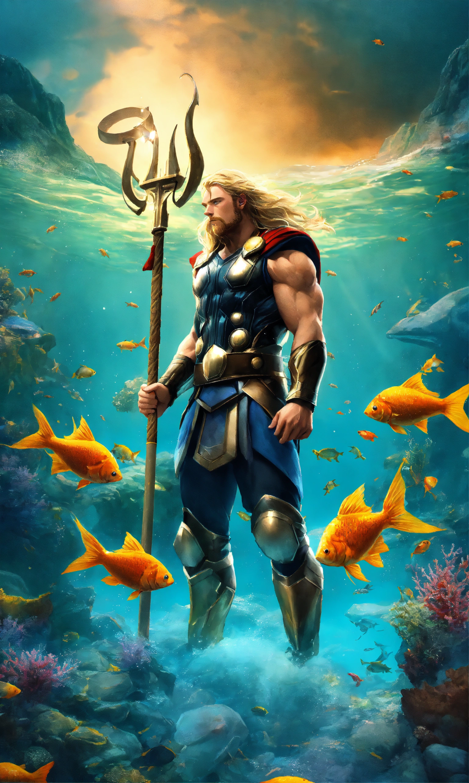 Lexica - Thor with fish underwater in the ocean, nature background, 2D ...
