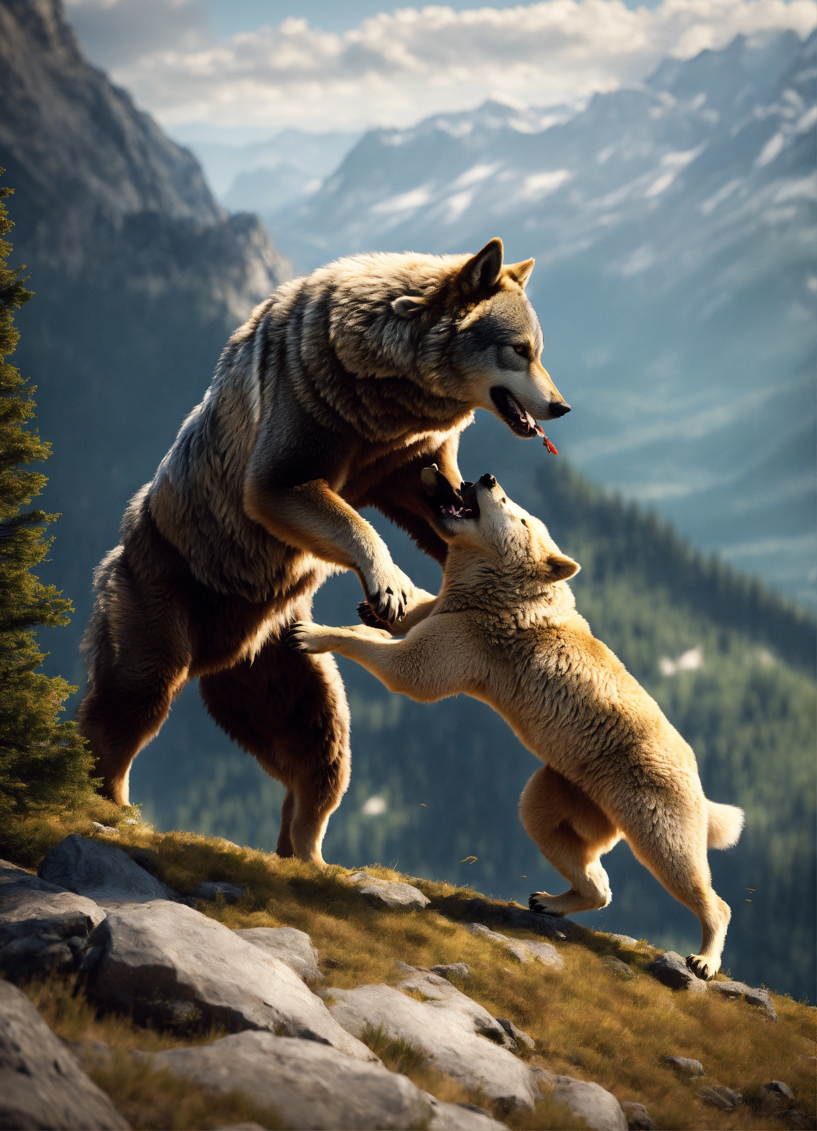 Lexica - A realistic Wolf fighting a bear in a Mountain, 8k