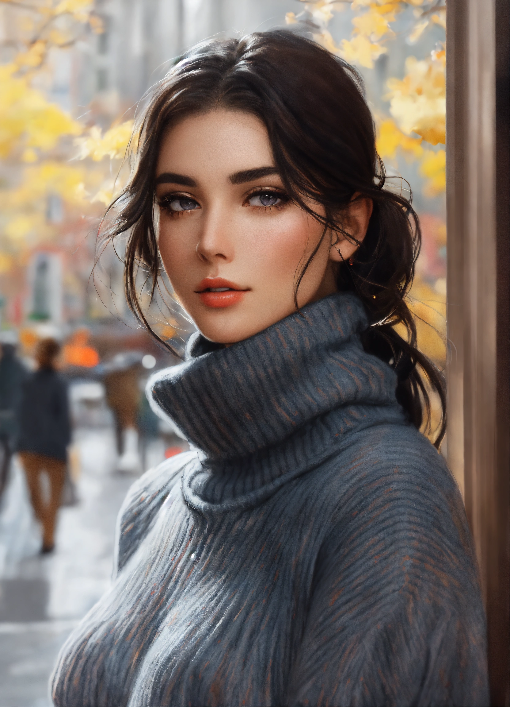 Lexica Portrait Draw Beautiful Girl Dark Hair Gray Eyes Turtleneck Sweater She Walks To The 0848