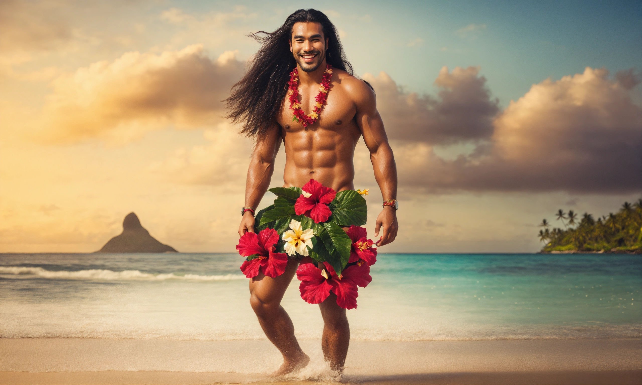 Lexica - Beautiful full body polynesian men smiling with long straight hair  dancing on a beach and hibiscus in the polynesian sea