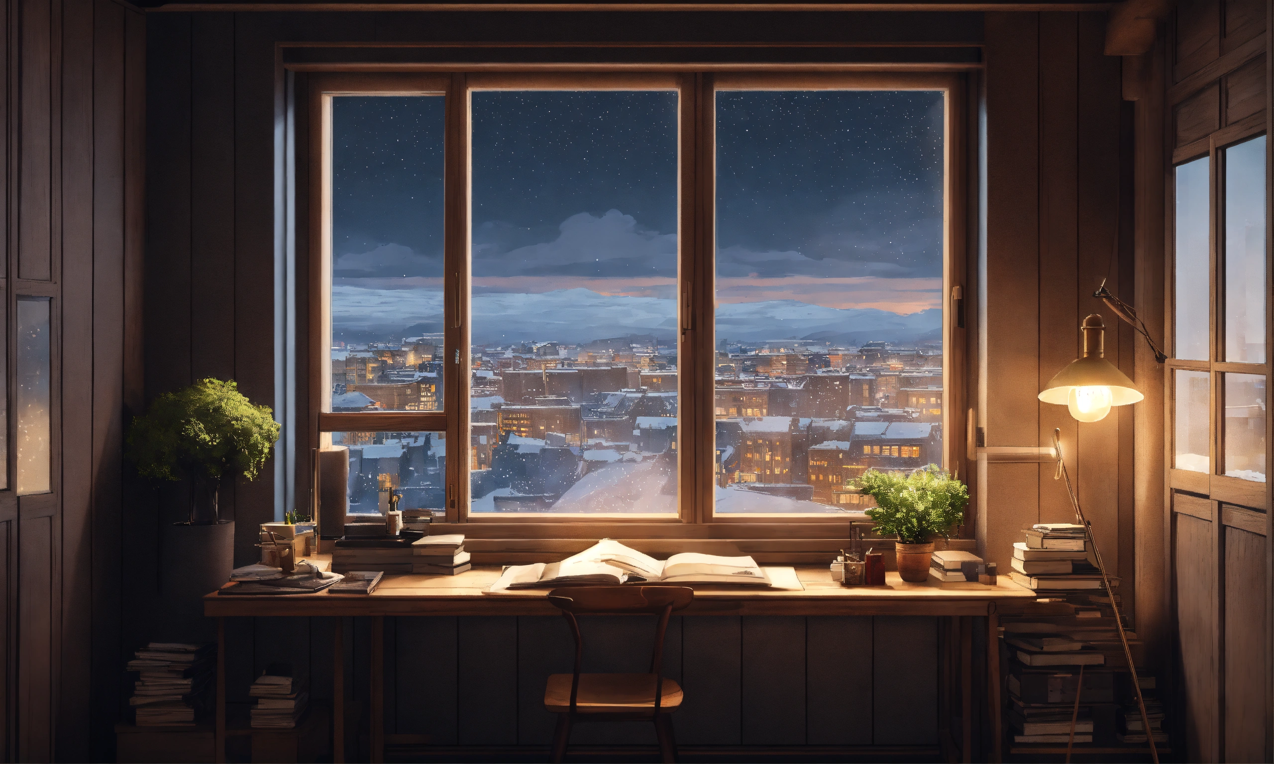 Lexica - Study room in stockholm, studio ghibli, big centered window ...