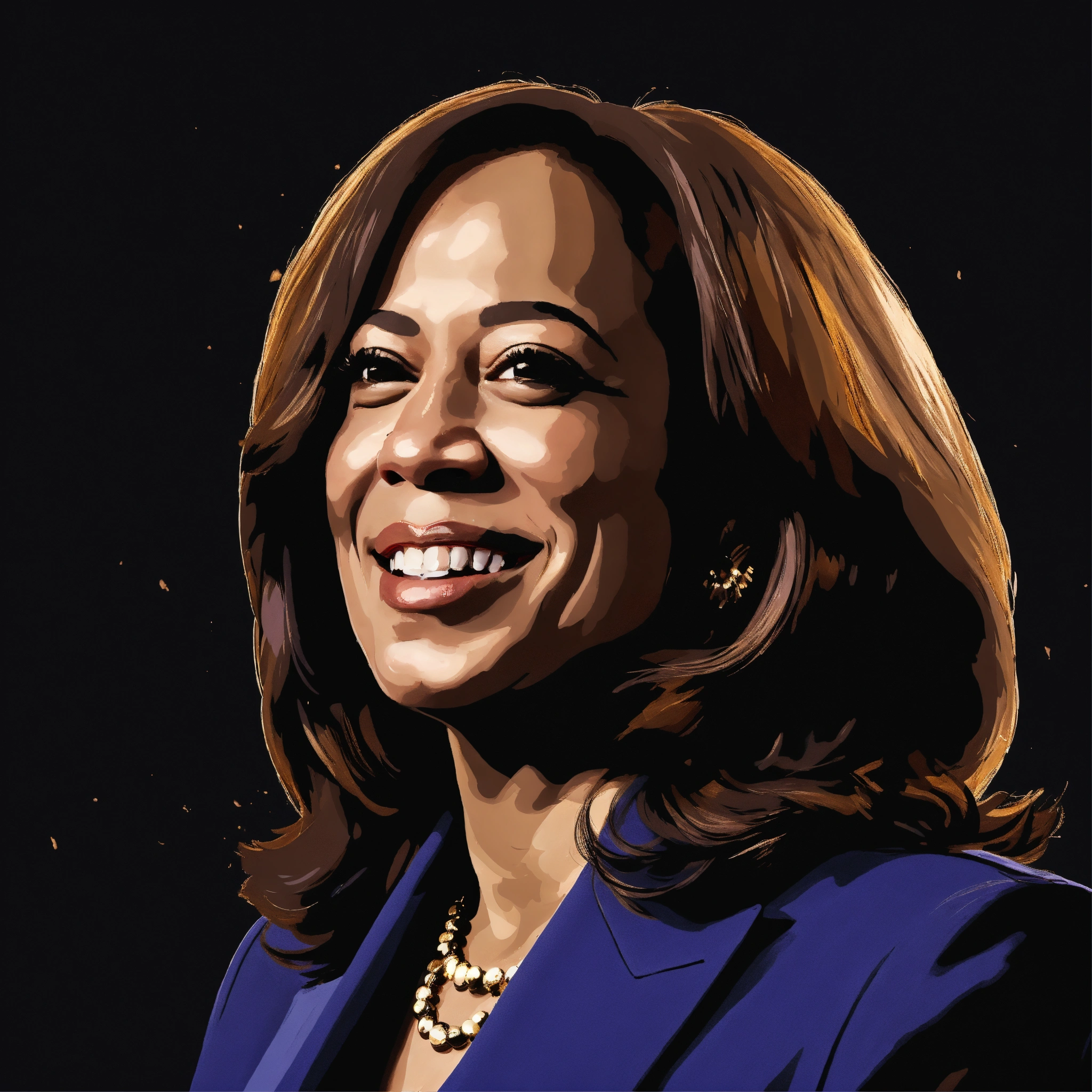 Lexica - Create a portrait of Kamala Harris on a black background.