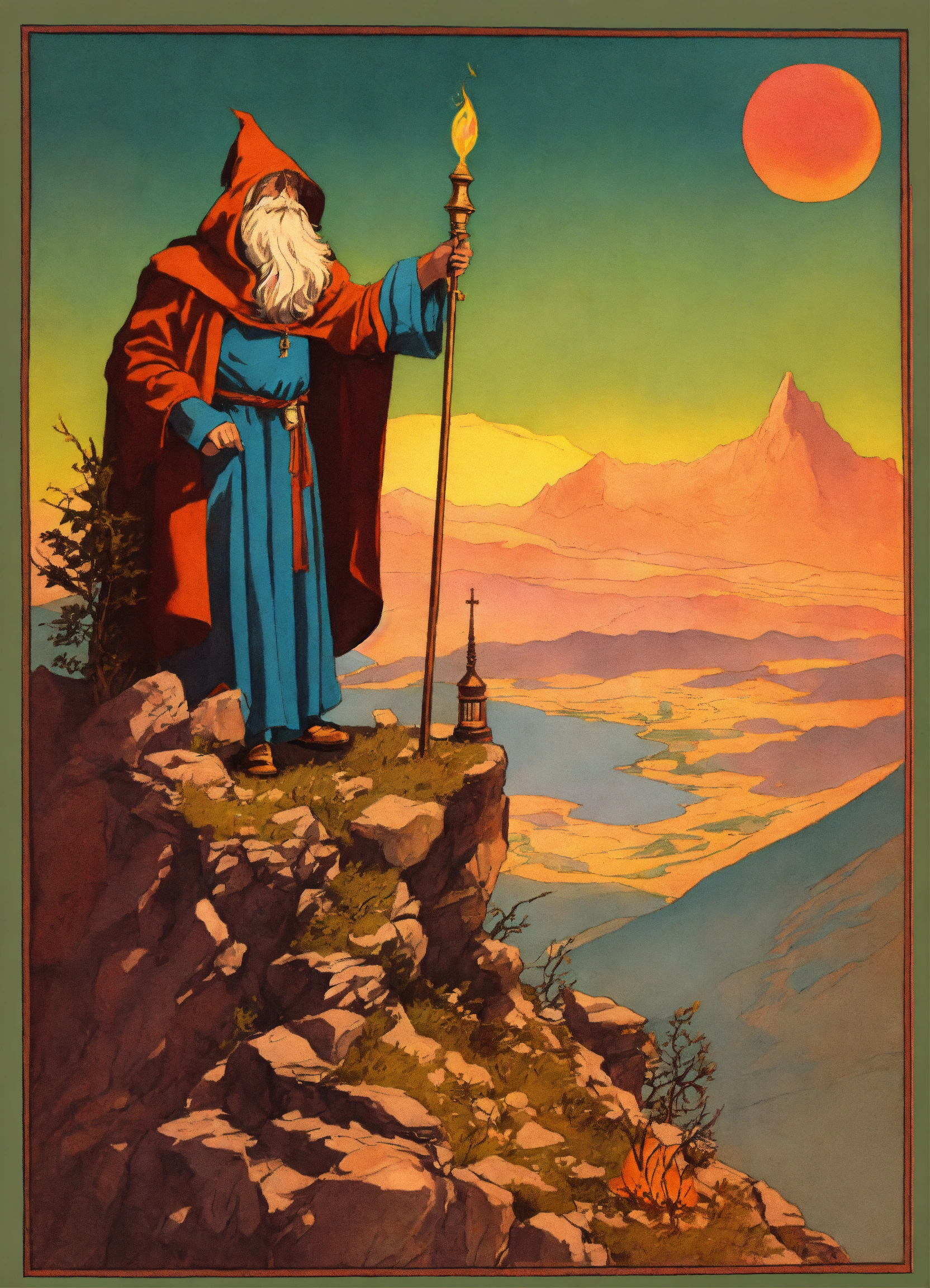 Lexica - 1970's dark fantasy two tone color hue book cover paper art style  drawing of wizard and a medieval alchemist meeting on a mountain peak to  h...