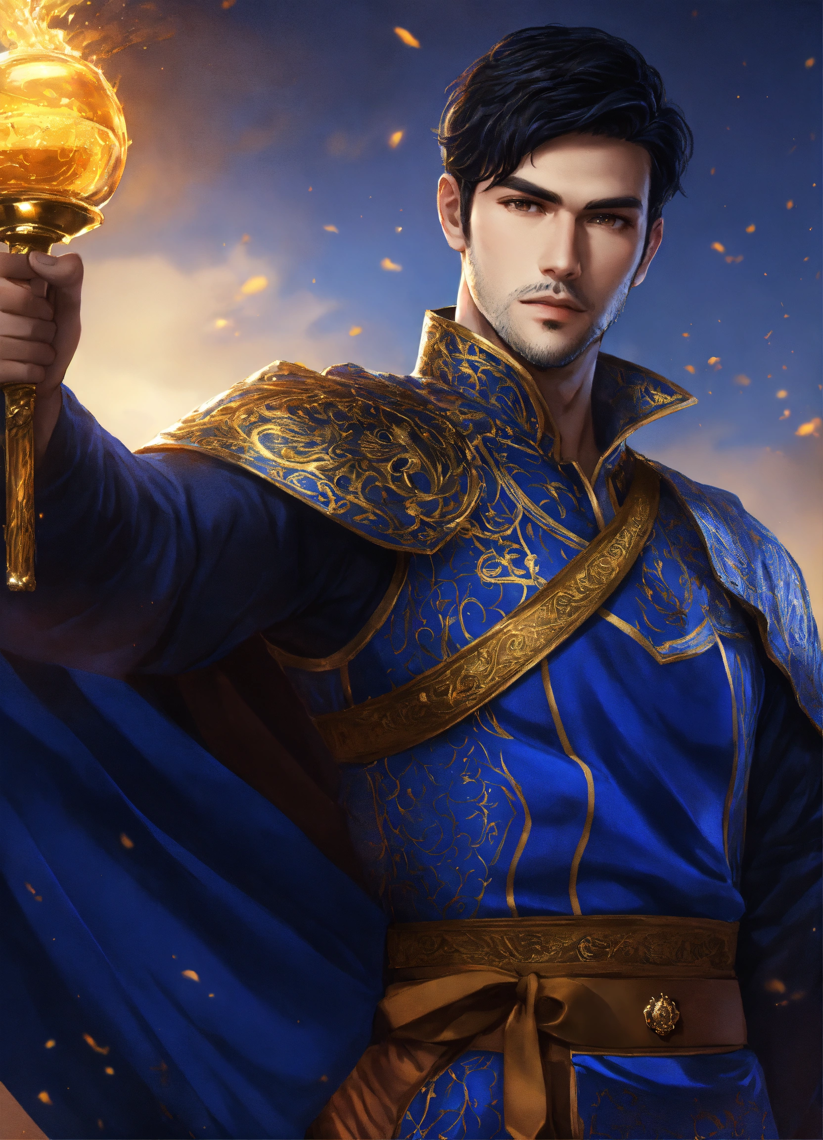 Lexica A handsome young man dressed in a dark blue king's costume