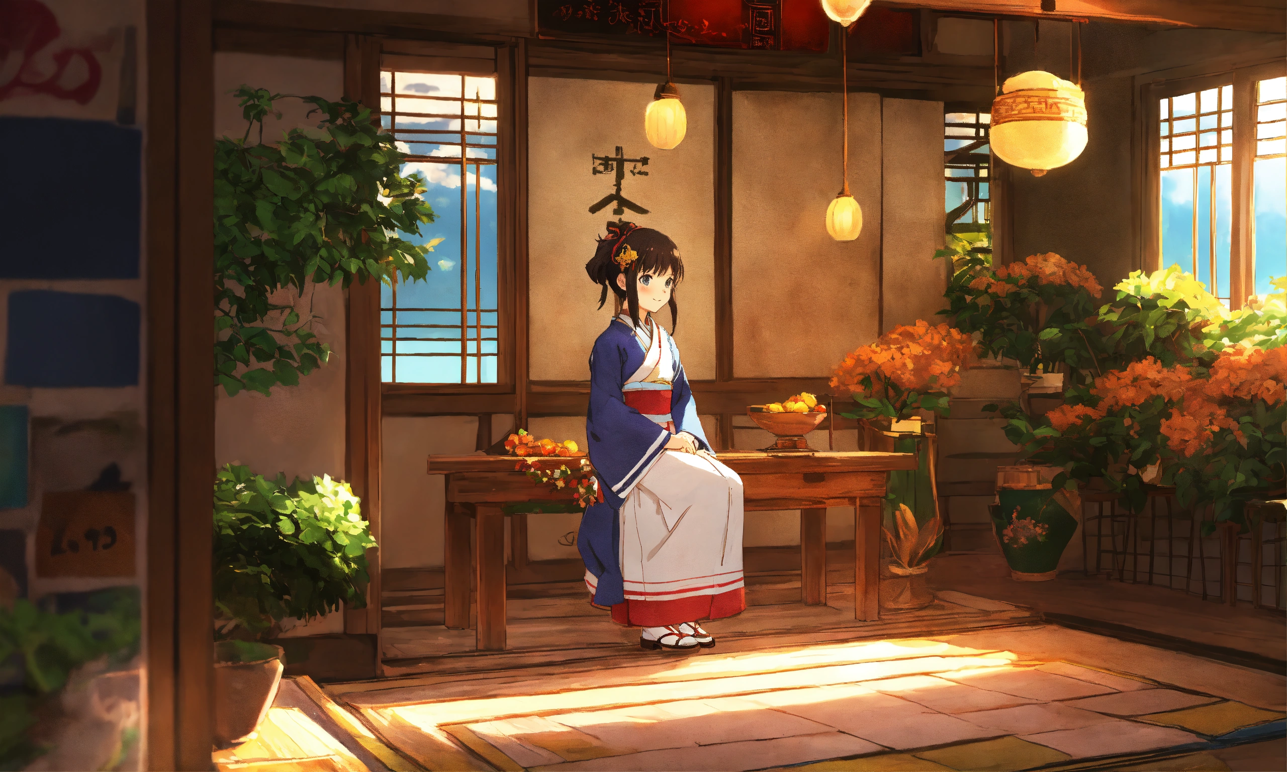 Lexica - Lofi girl anime scenery, studio A-1 Pictures style, cute face,  traditional attire.