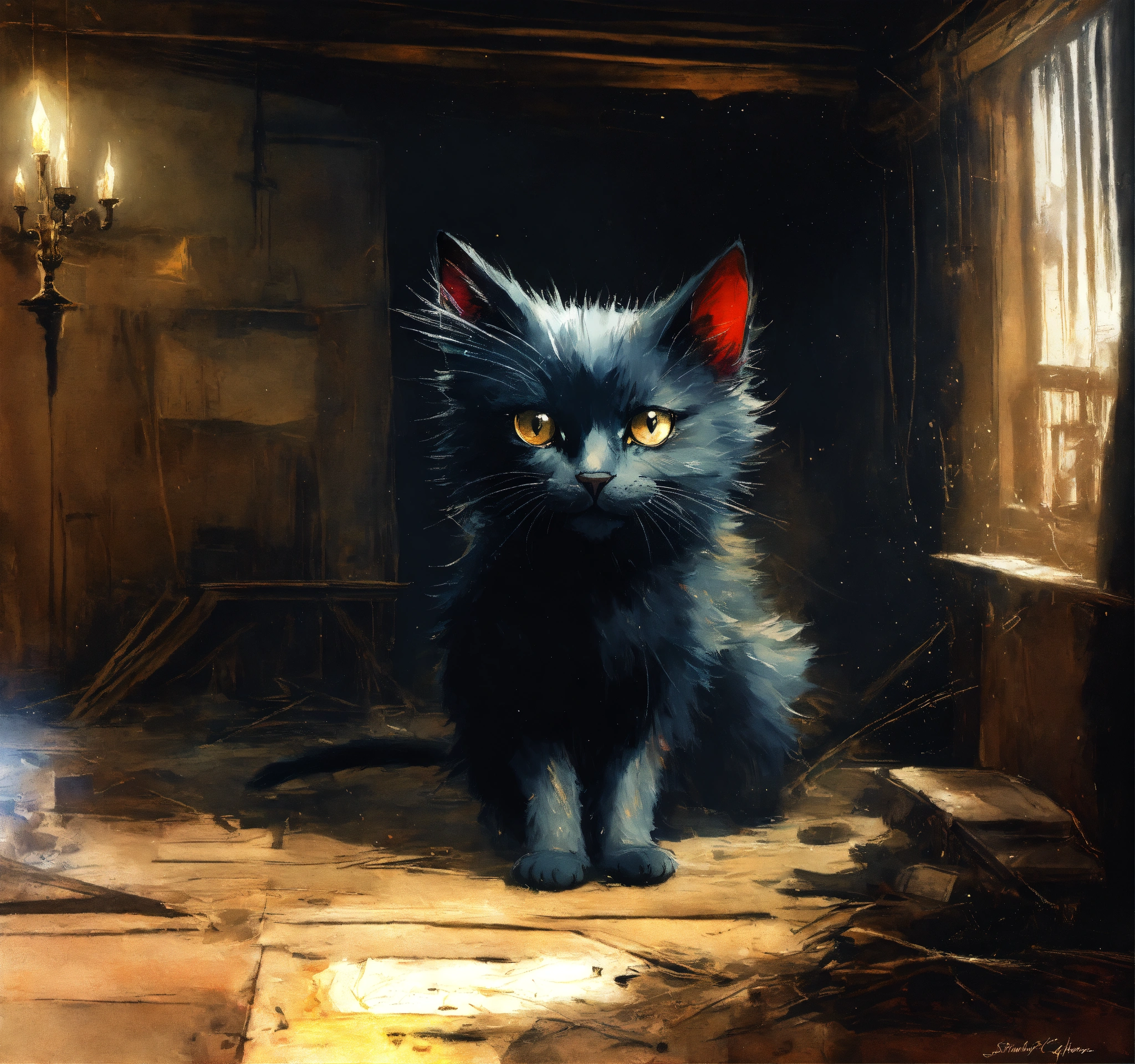 Lexica - An adorable sinister black cat with shiny long spiky fur ...