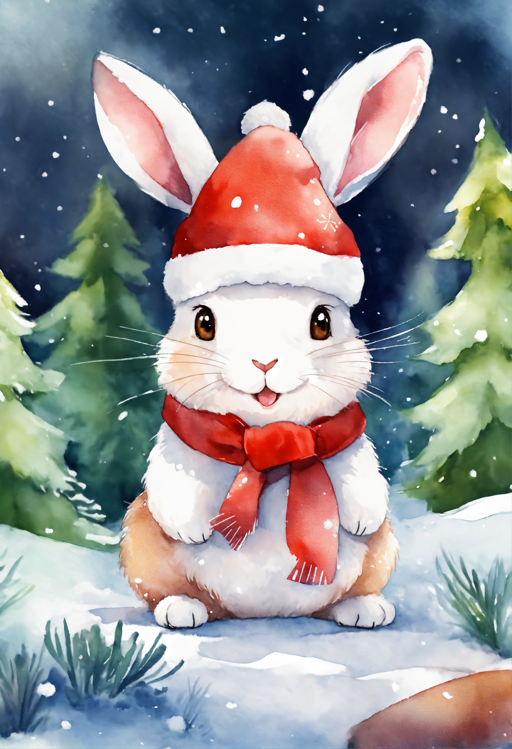 Lexica - A cute happy rabbit in forest with Christmas hat , ,snow ...