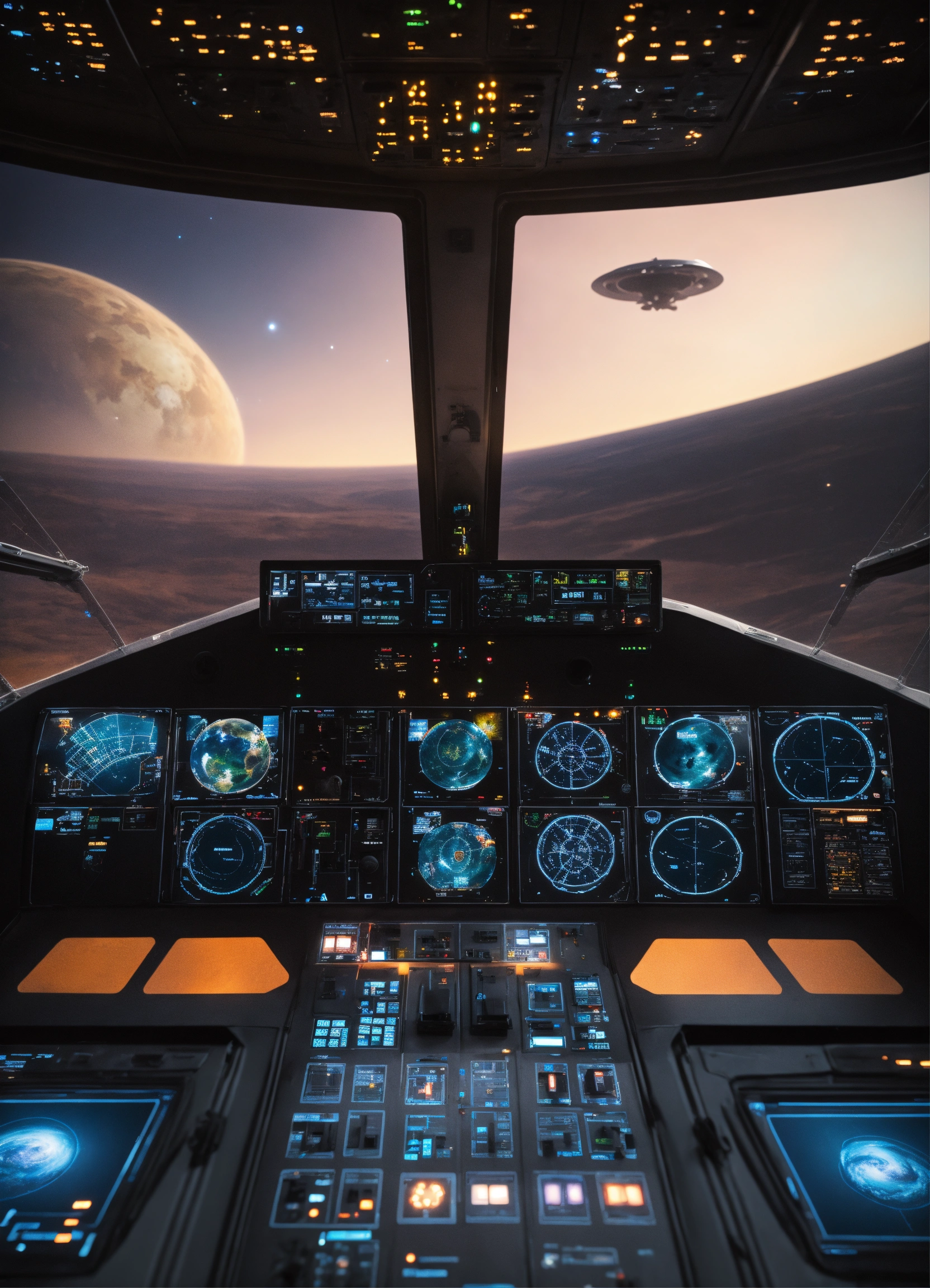 Lexica - Spaceship, control panel. Realistic space view